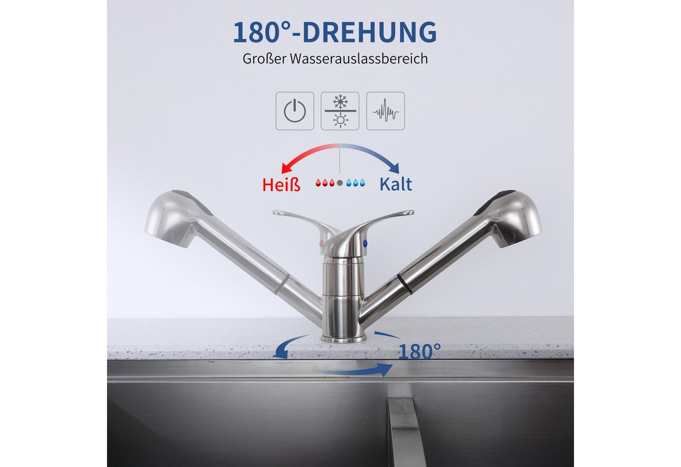Thumbnail - HOMELODY Spültischarmatur Hochdruck Wasserhahn Küche 180° Küchenarmatur mit Ausziehbarer Mischbatterie mit Dual-Spülbrau...