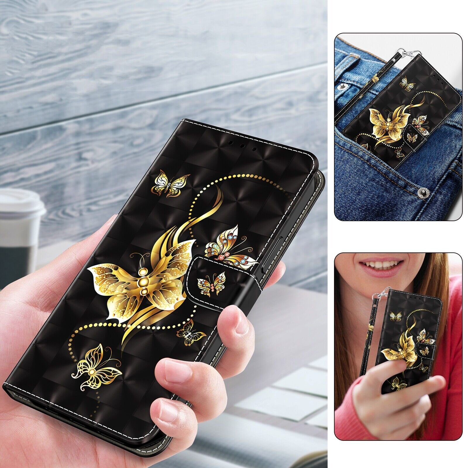 CLM-Tech Handytasche für Samsung Galaxy A57 5G Hülle aus PU-Leder Klapphülle (goldene Schmetterlinge schwarz, 1-tlg., Flip Case), Magnetverschluss, Standfunktio – Bild 5 von 5
