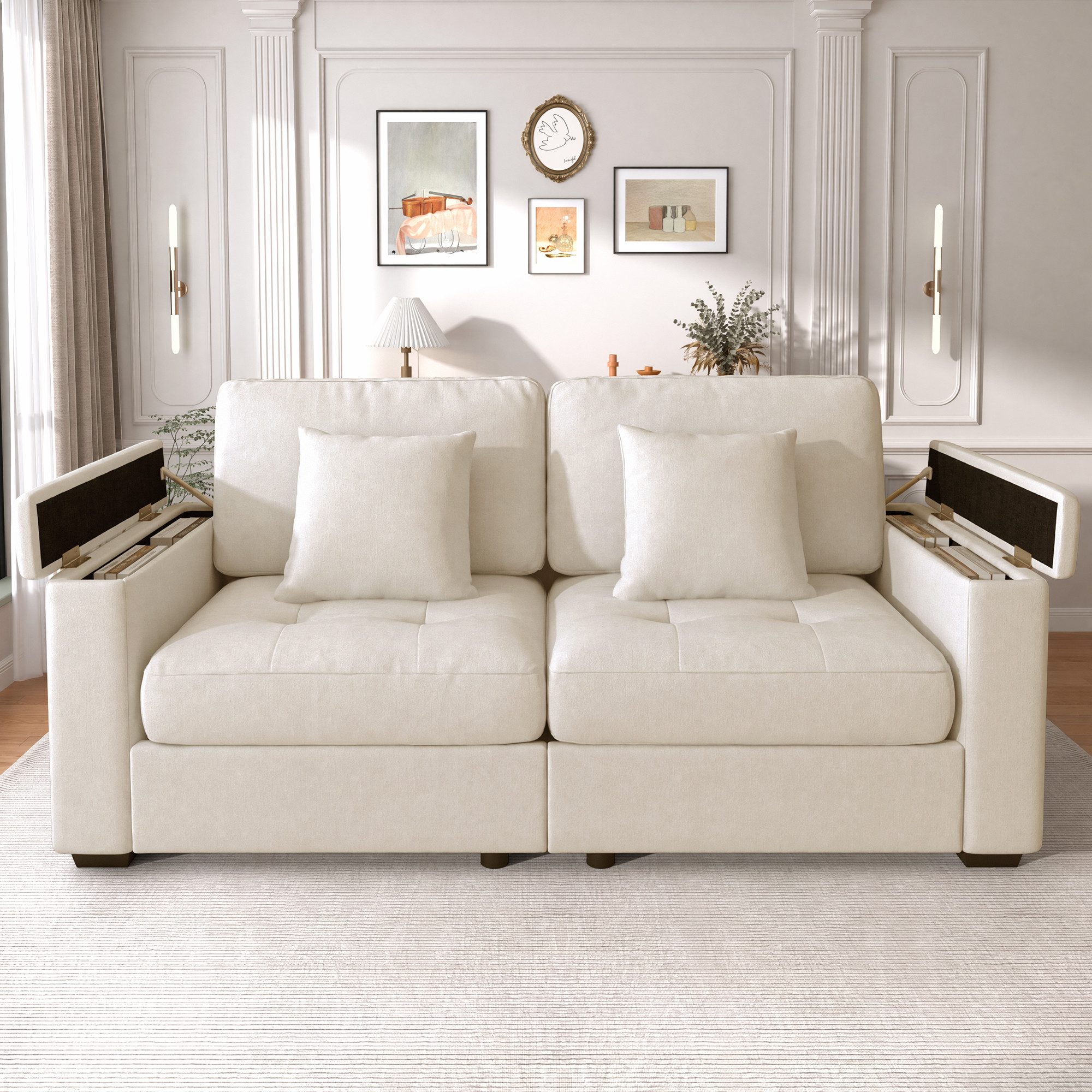 HAUSS SPOLE Loungesofa Zweisitzer mit Kissen & Holzrahmen,Relaxsofa aus Chenille in Beige, 2-Sitzer Wohnzimmersofa mit Chenille-Stoff Oberfläche und Armlehnen Stauraum, belastbar bis 500 kg