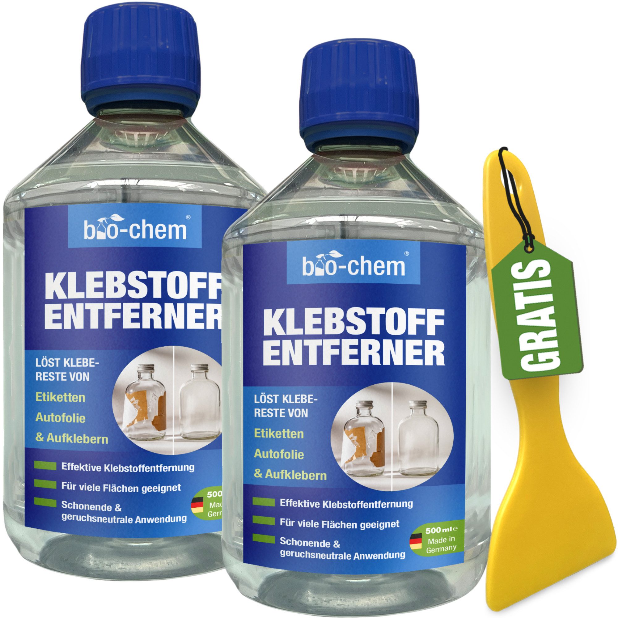 bio-chem Klebstoffentferner Etikettenlöser - Entfernt Klebereste - 2x 500 ML Allzweckreiniger (Sparpaket, [- Klebstoffentferner 2x 0.5 l + Handschaber gelb Mit Schaber für mühelose Etikettenentfernung)