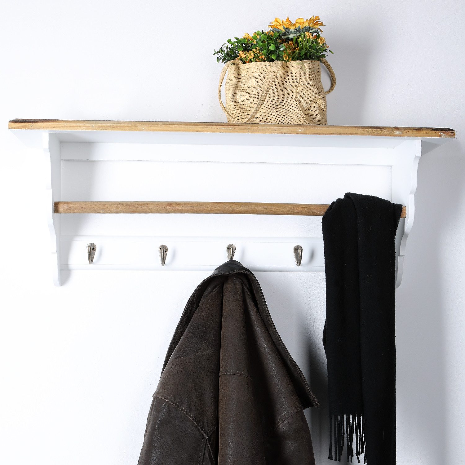 Home4Living Wandgarderobe Garderobe 70cm Weiß 5 Haken Ablage Holz Vintage Landhausstil
