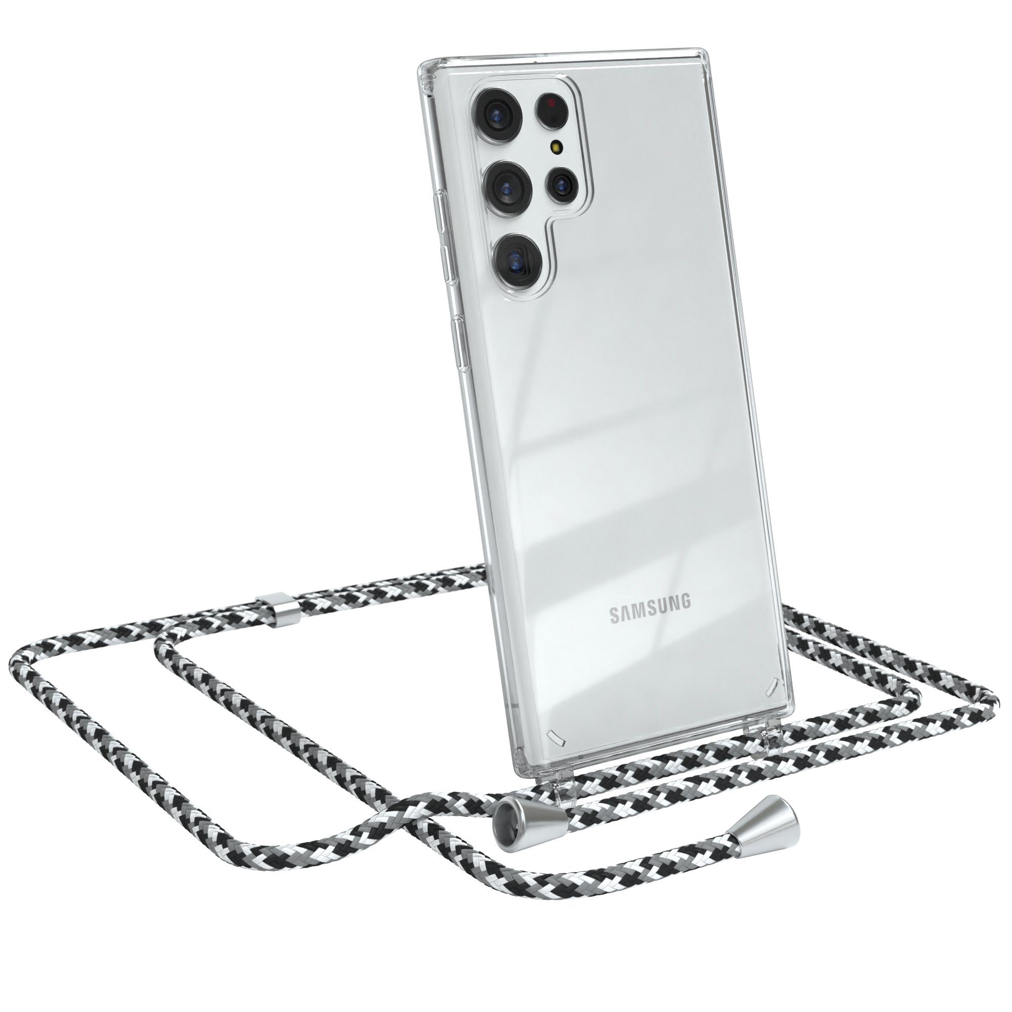 EAZY CASE Handykette Hülle mit Kette für Samsung Galaxy S22 Ultra 5G 6,8 Zoll, Kette zum Umhängen mit Umhängeband mit Riemen Schwarz Camouflage