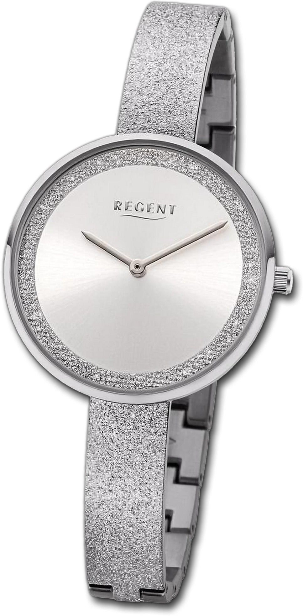 Regent Quarzuhr Regent Damen Armbanduhr Analog, Damenuhr Metallarmband silber, rundes Gehäuse, extra groß (ca. 34mm)