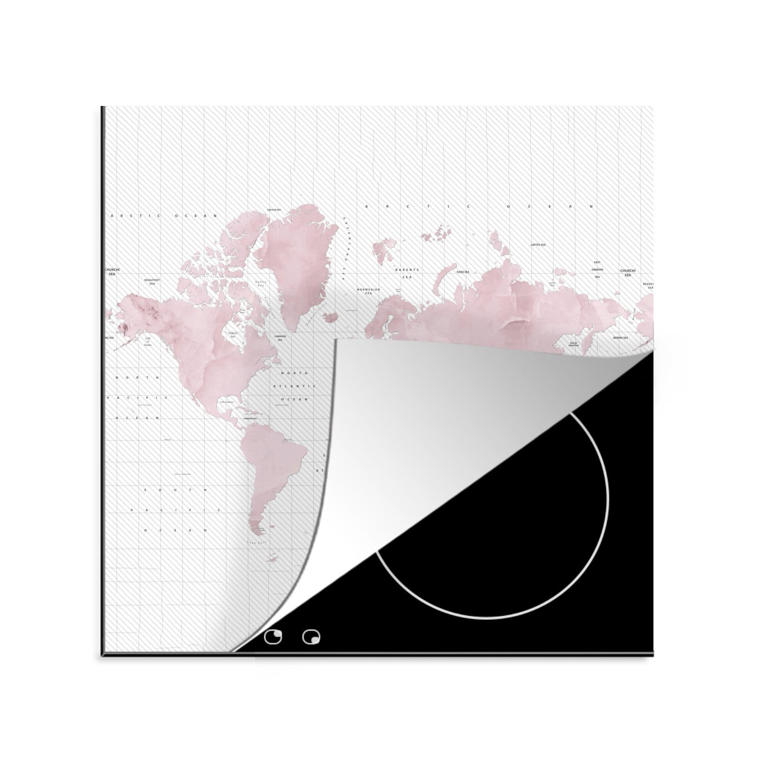 MuchoWow Herdblende-/Abdeckplatte Weltkarte - Rosa - Marmor, Vinyl, (1 tlg), 78x78 cm, Ceranfeldabdeckung, Arbeitsplatte für küche | Herdabdeckplatten