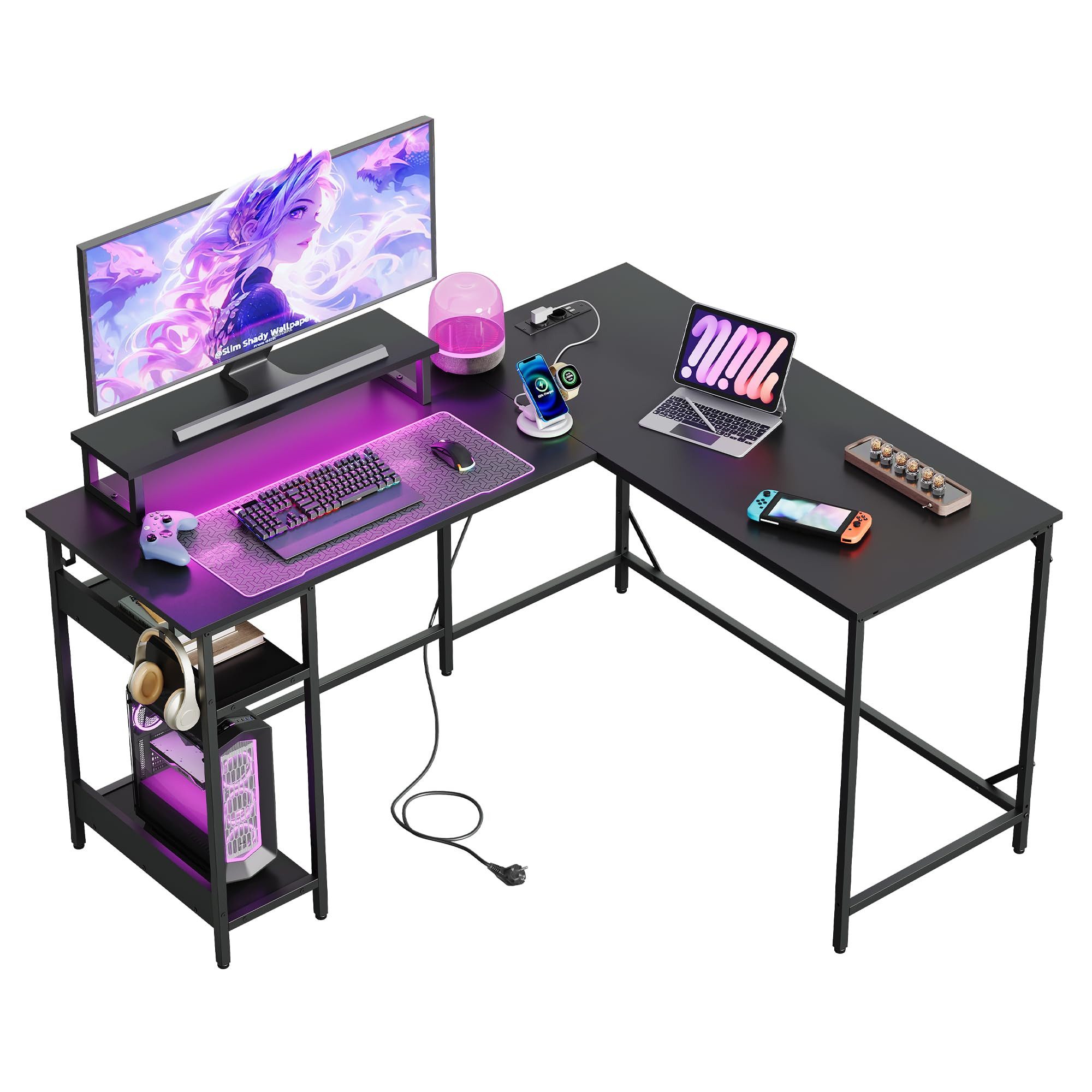 DEVAISE Computertisch Gamingtisch 111/120/140 x 80 cm Computertisch, L-förmiger Schreibtisch (Packung, Tablett mit Ständer), Computertisch mit LED, 2 USB und 2 AC-Steckdosen, für Büro