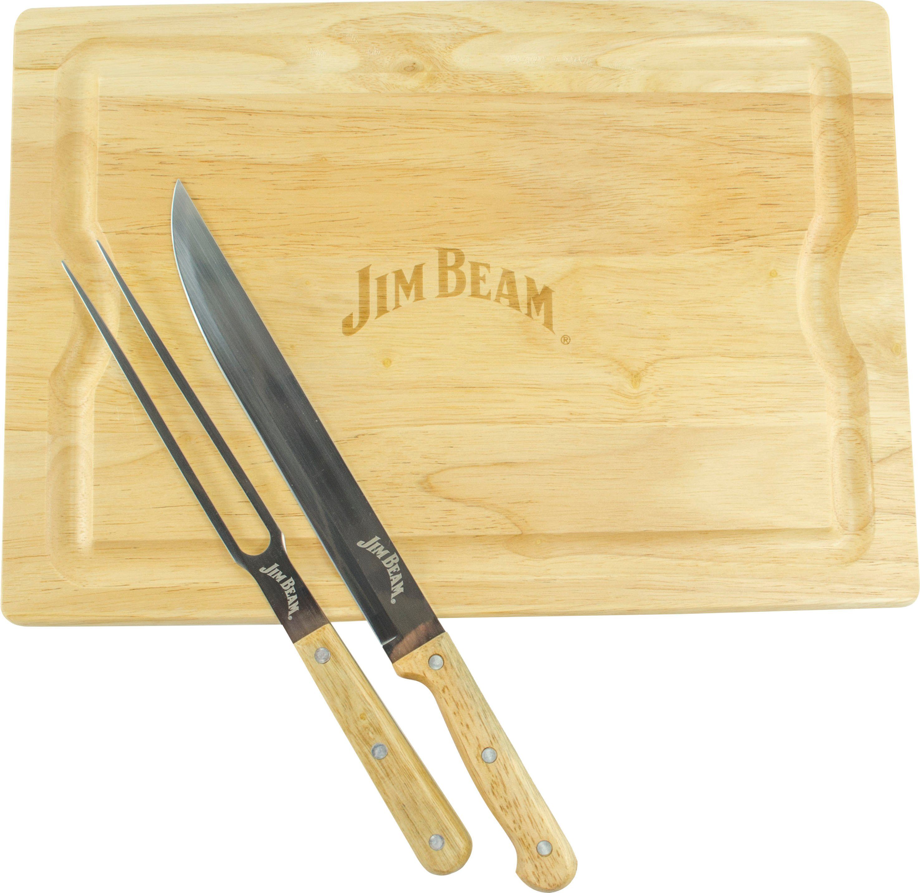 Jim Beam BBQ Schneidebrett JB0237, Bambus, (Set), inkl. Tranchiermesser und  Gabel mit Edelstahlklinge und Bambusgriffen
