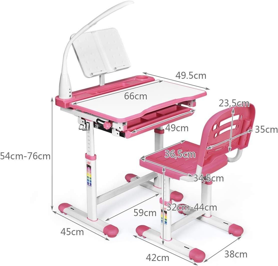 KOMFOTTEU Kinderschreibtisch höhenverstellbar (Set), mit Stuhl & Lampe