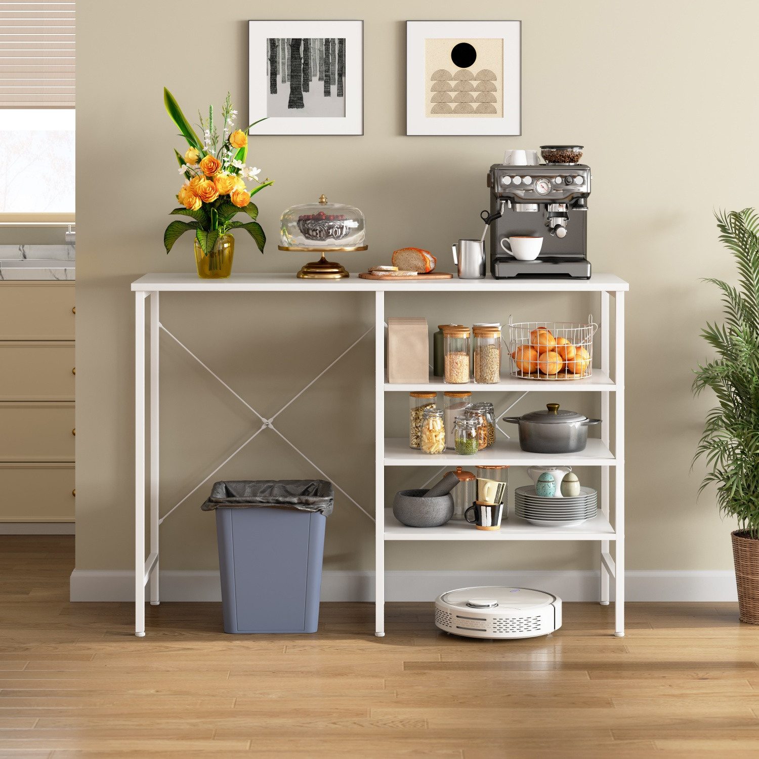 ANYSUN Ablagetisch Küchenregal 120 cm,Regaltisch mit Arbeitsplatte & Verstellbaren Böden (1-St., 1 Standregal links/rechts montierbar für Küche,Keller & Garage), mit Metallgestell,flexibel montierbar,höhenverstellbare Standfüße,Weiß