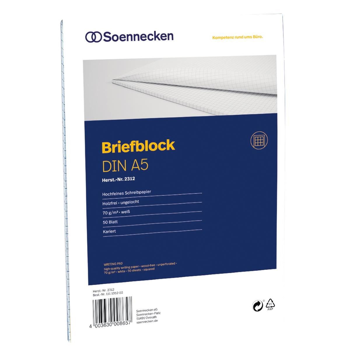 Soennecken Briefpapier Soennecken Briefblock 2312 DIN A5 70g kariert 50Blatt weiß