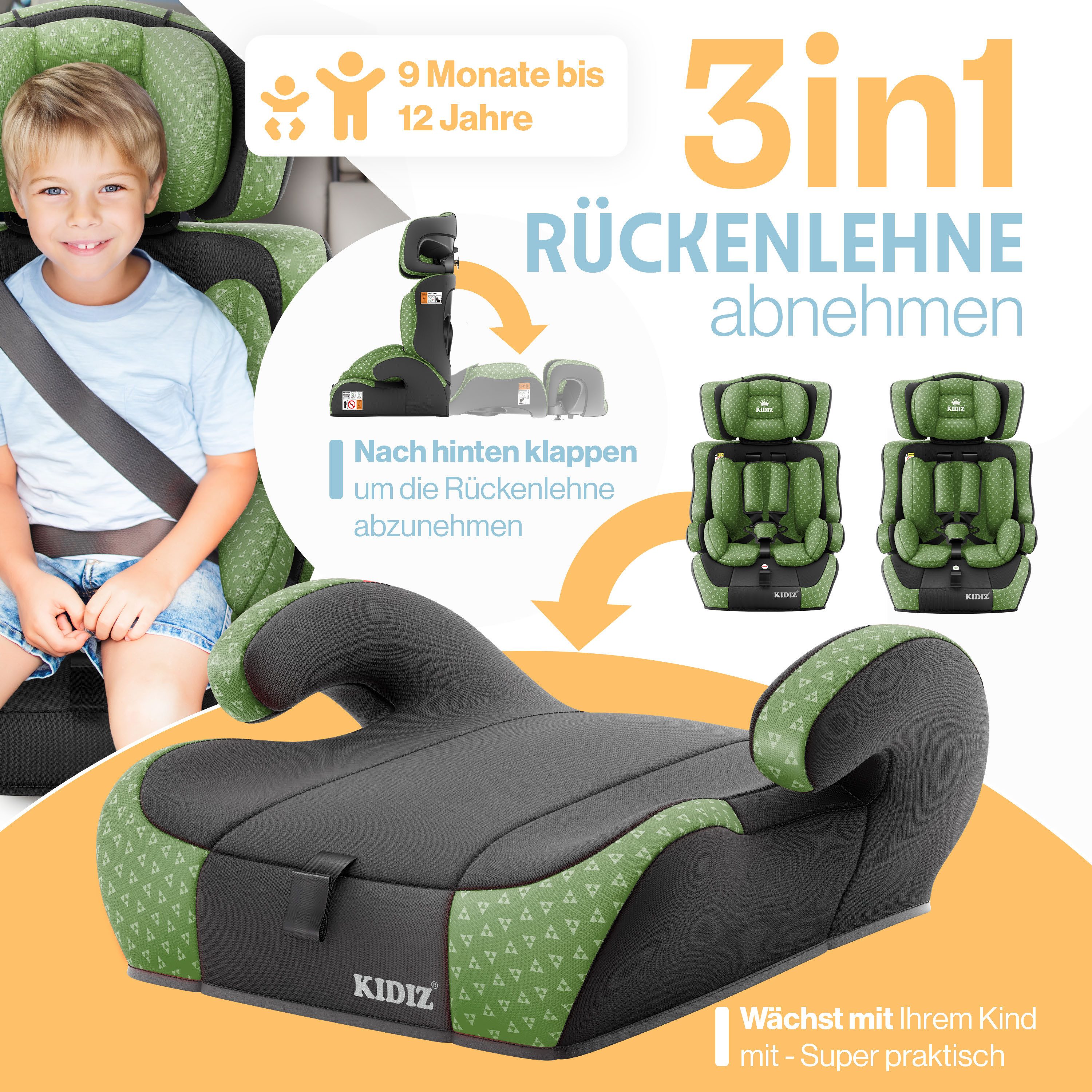 KIDIZ Autokindersitz, Kinderautositz 1-12 Jahre, Mitwachsend, Gruppe 1+2+3, 9-36 kg Autositz