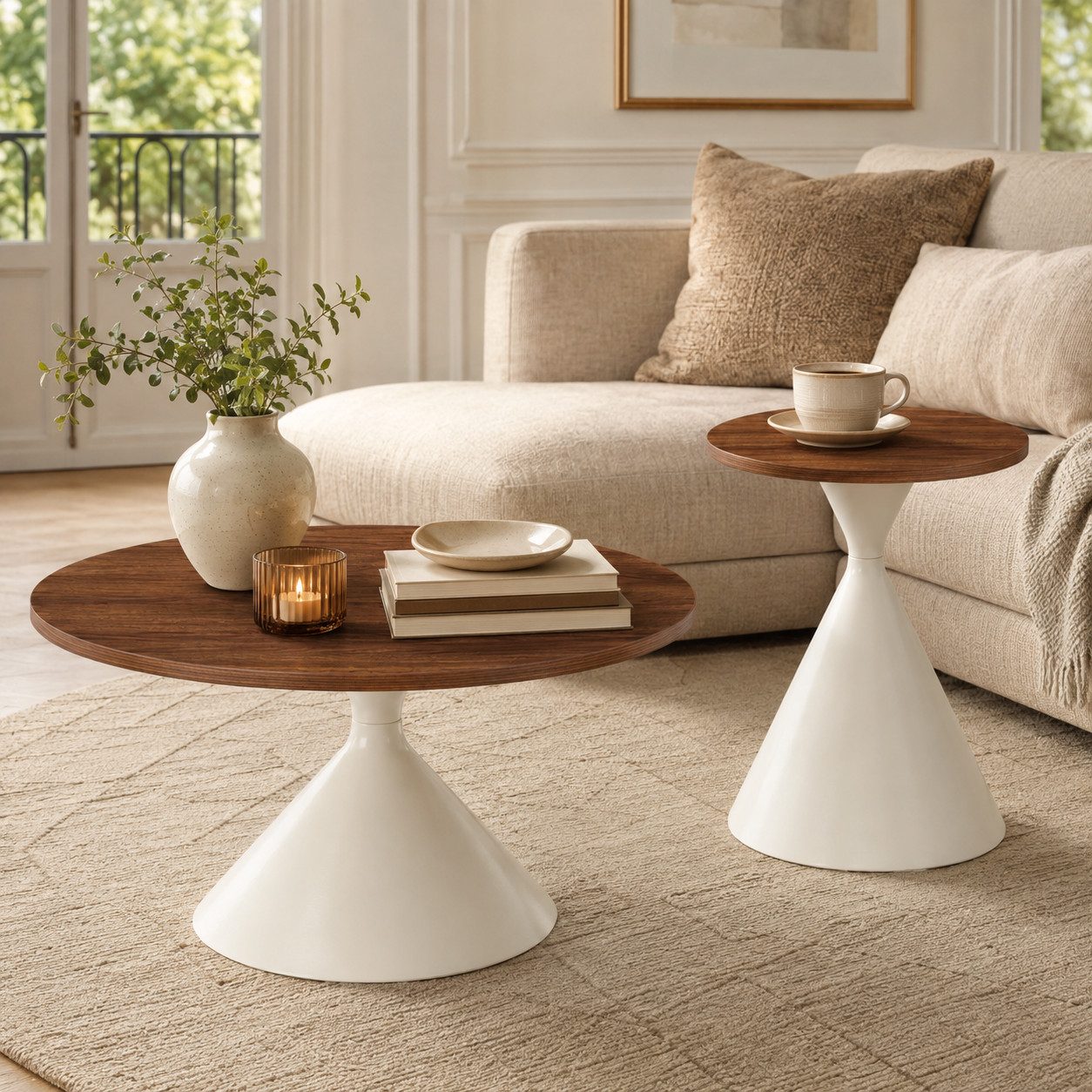 GLP Beistelltisch 2er-Set Couchtisch & Beistelltisch rund (2er-Set), 2 runde Tische im modernen Walnuss-Cremeweiß-Design