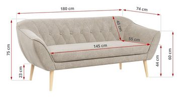 MKS MÖBEL Sofa PIRS-3 Sitzer, Skandinavischer Stil, Gesteppte Polsterung, Holzbeine