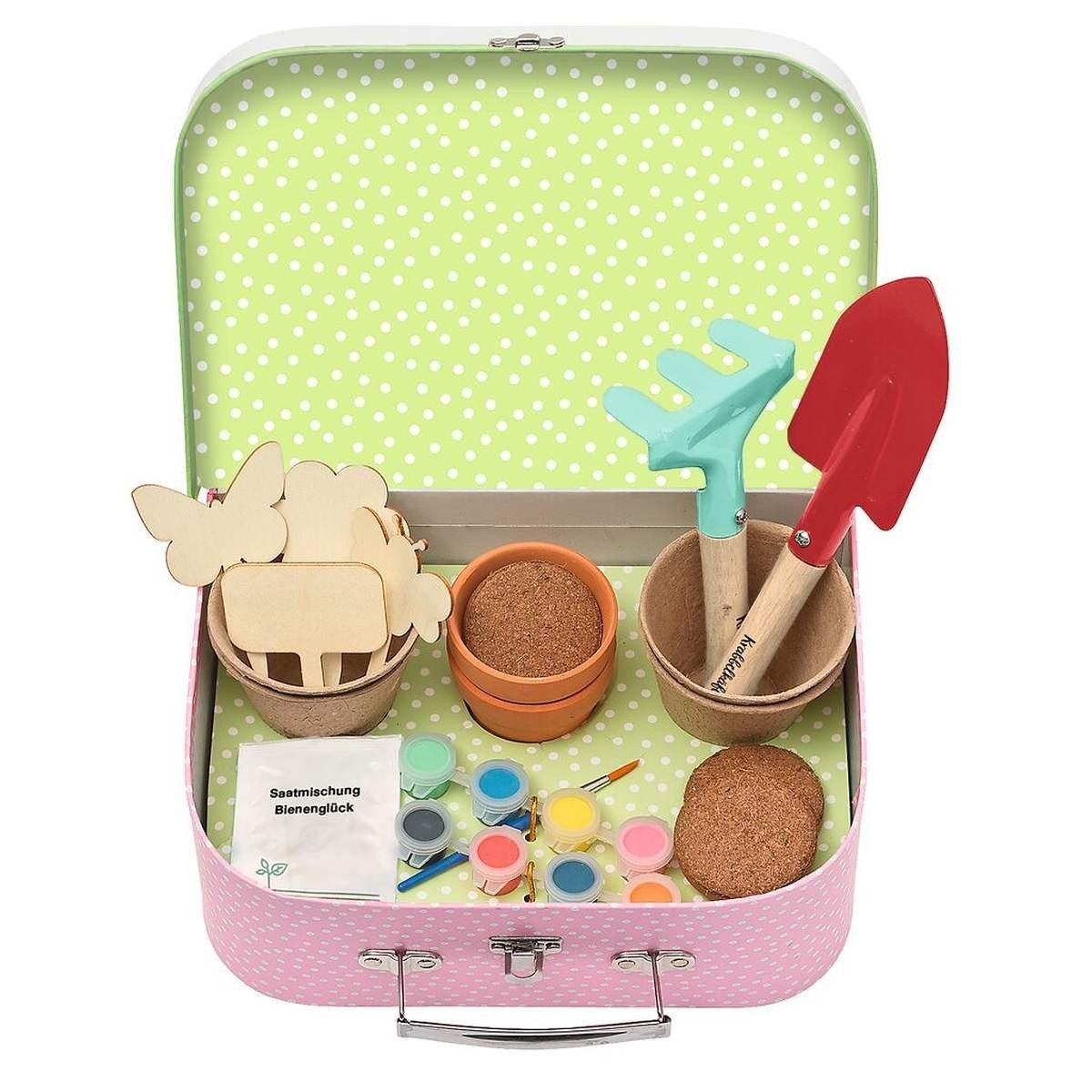 Moses. Verlag Kinder-Gartenset Blumenkoffer-Gartenset Krabbelkäfer – Garten- und Bastelspaß ab 4 J., mit Saatmischung & Werkzeug