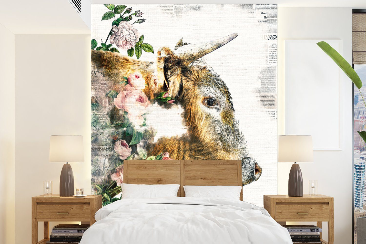 MuchoWow Fototapete Scottish Highlander - Blumen - Zeitungspapier, Matt, bedruckt, (4 St), Montagefertig Vinyl Tapete für Wohnzimmer, Wandtapete | Fototapeten