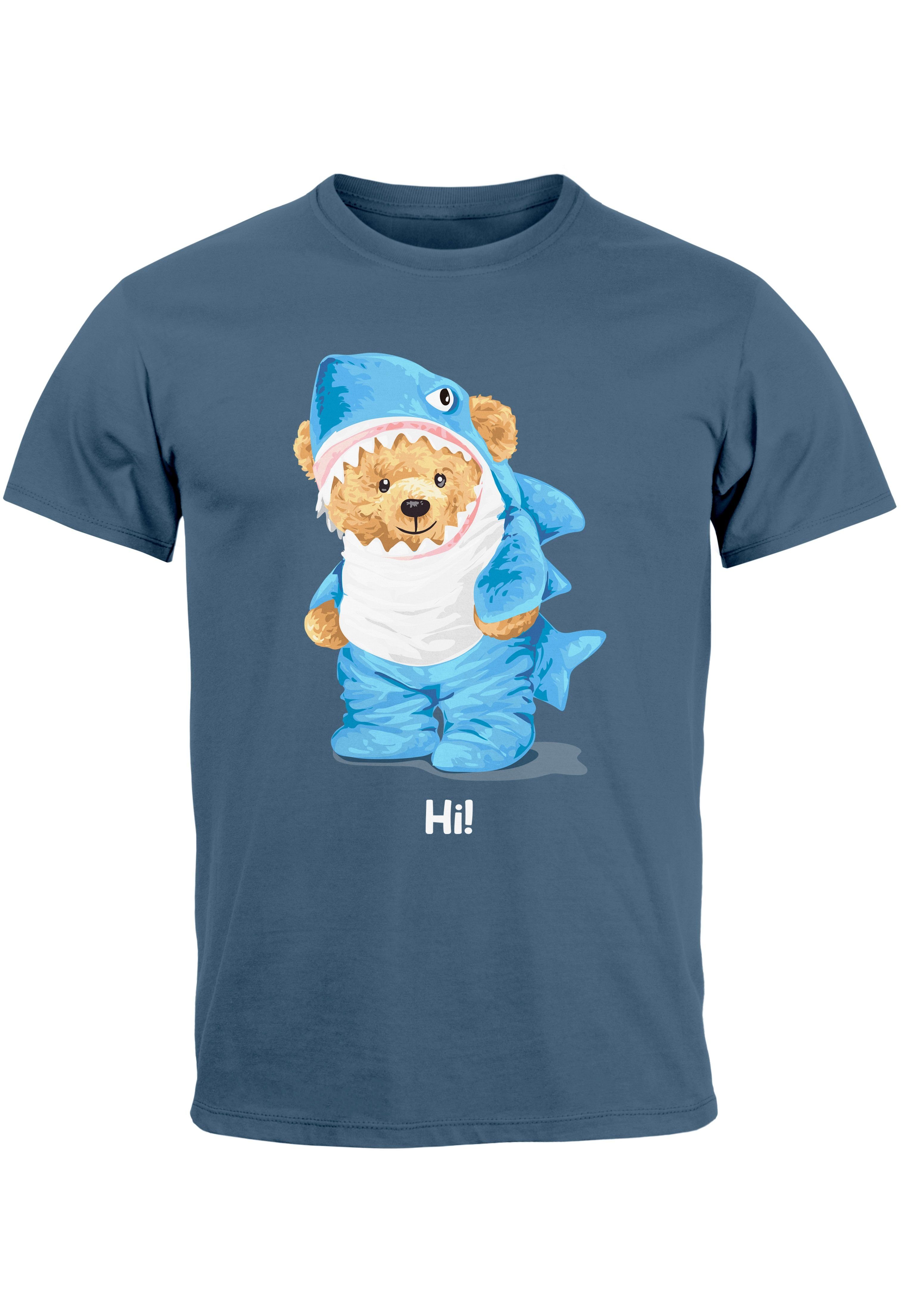 Neverless Print-Shirt Herren T-Shirt Hai Hi Teddy Bär Witz Parodie Printshirt Aufdruck Fashi mit Print denim blue