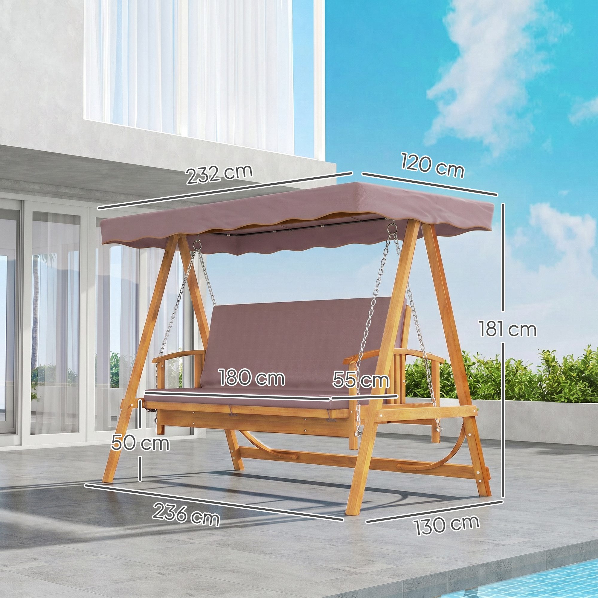 Outsunny Hollywoodschaukel mit Sonnendach, Sitzauflage, bis 330kg, 3-Sitzer, Liegefunktion, 3-Sitzer Gartenschaukel aus Holz, 1 tlg., 2 in 1 Holzschaukel mit Liegefunktion, für Garten, Terrasse, 236x130x181 cm, Braun
