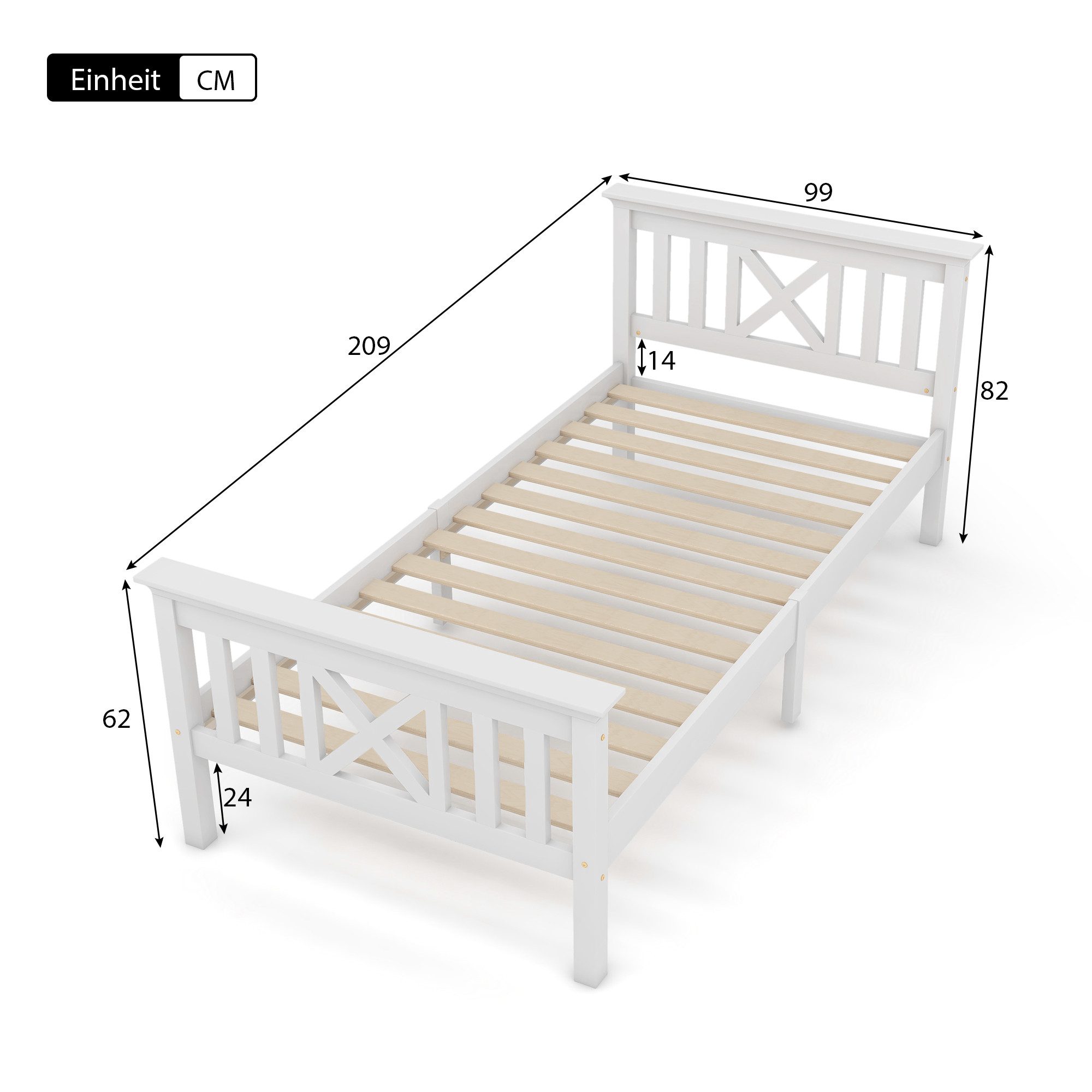 Merax Massivholzbett aus Kiefer, Einzelbett 90x200cm, Jugendbett mit Lattenrost, Kinderbett, Bettgestell