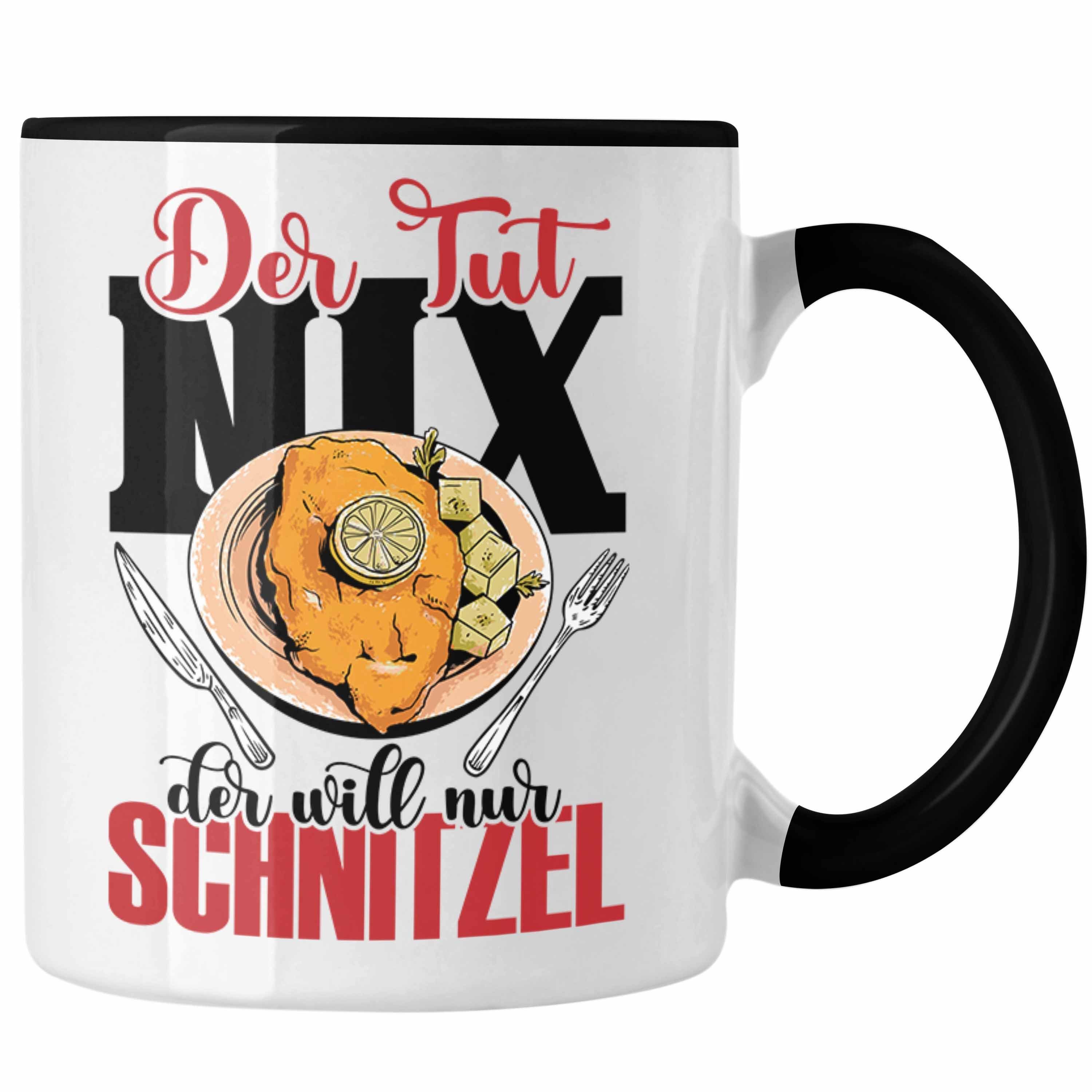 Trendation Tasse Schnitzel Tasse "Der tut nix, der will nur Schnitzel" Geschenkidee für Schwarz