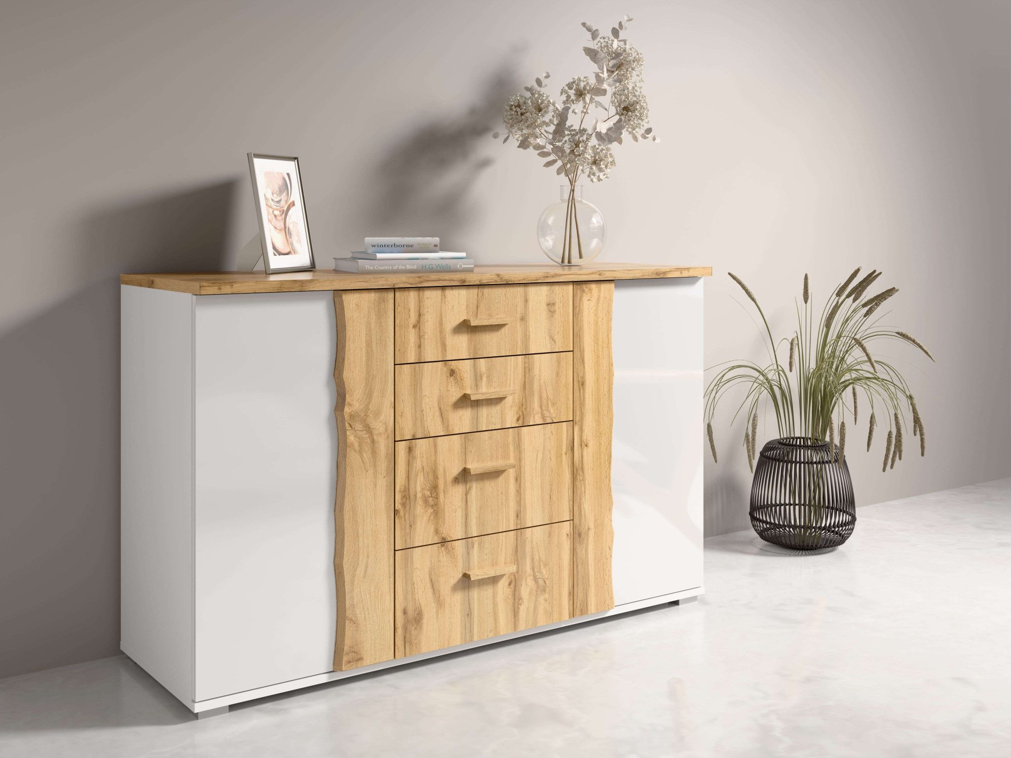 OTTO home Kommode Kommode Fabellaa mit 4 Schubladen, 2 Einlegeböden, BxHxT 130x82x45 cm, mit viel Stauraum, 2 Drehtüren