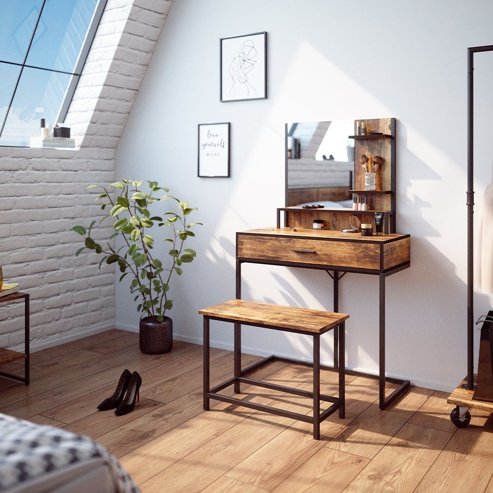 Vicco Schminktisch Fyrk, Eiche rustikal/Schwarz, 80 cm mit Stuhl günstig online kaufen