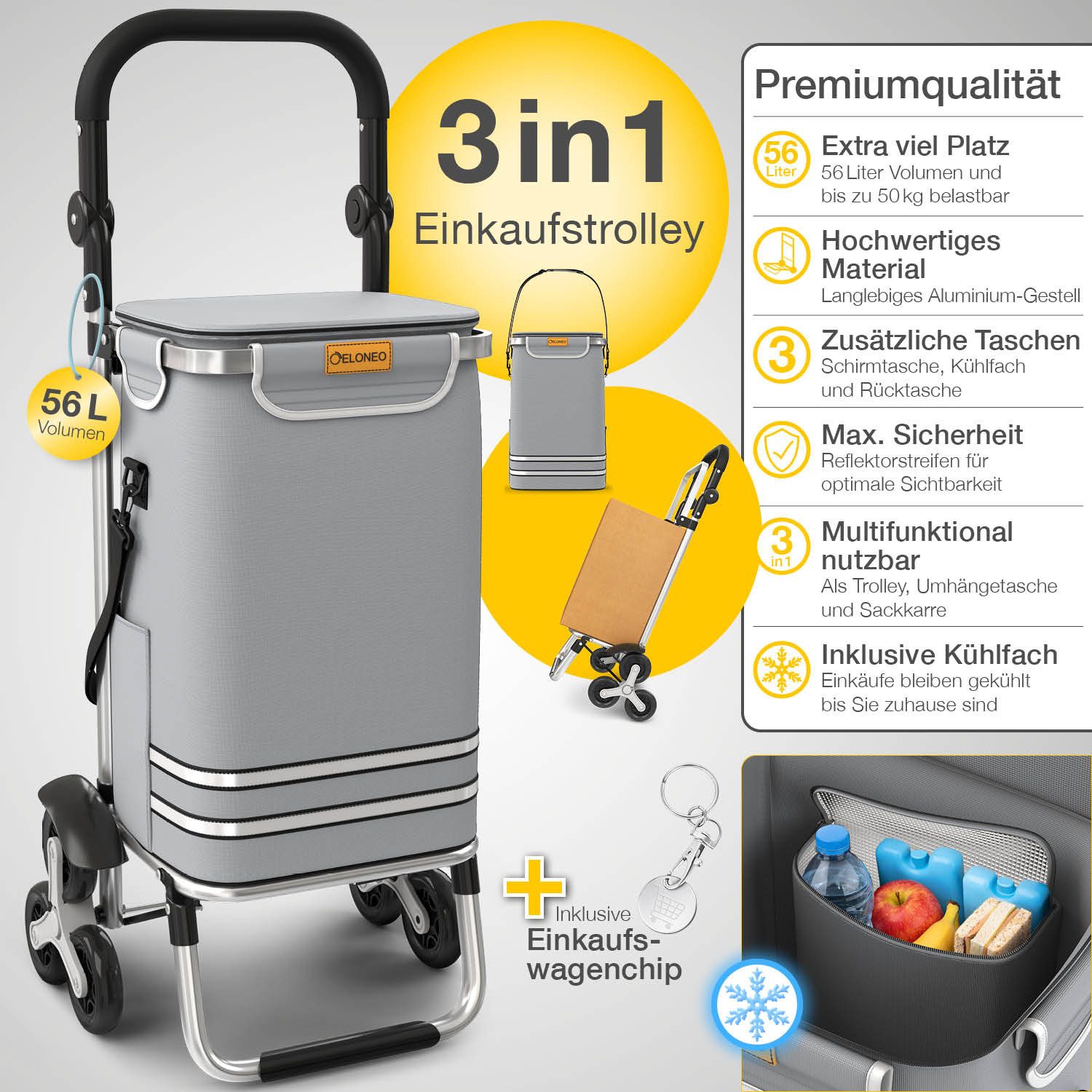 ELONEO Einkaufstrolley ELONEO Einkaufstrolley Treppensteiger, 56L Volumen, 3×3 Radsystem, Mit HängFix zum Anhängen an den Einkaufswagen