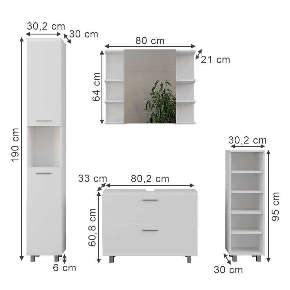 Vicco Badmöbel-Set Ilias, Weiß, 4 Teile, (3-St., 3er Set)
