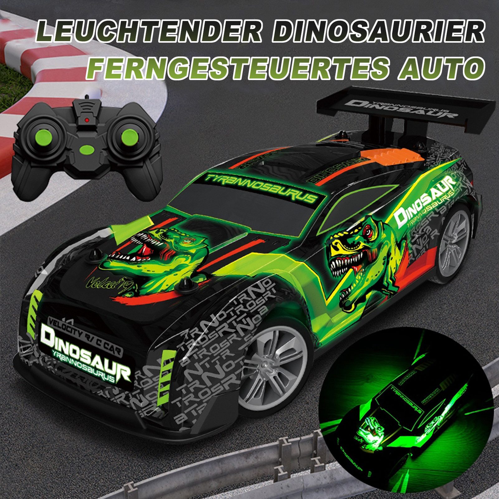 Esun RC-Auto Ferngesteuertes Dinosaurier Auto ab 3 4 5 6 8 Jahre, RC Drift Car 1:18 (SET, 2.4GHz Ferngesteuerter Monstertruck), RC Auto Kinder mit LED-Leuchten Drift RC Car