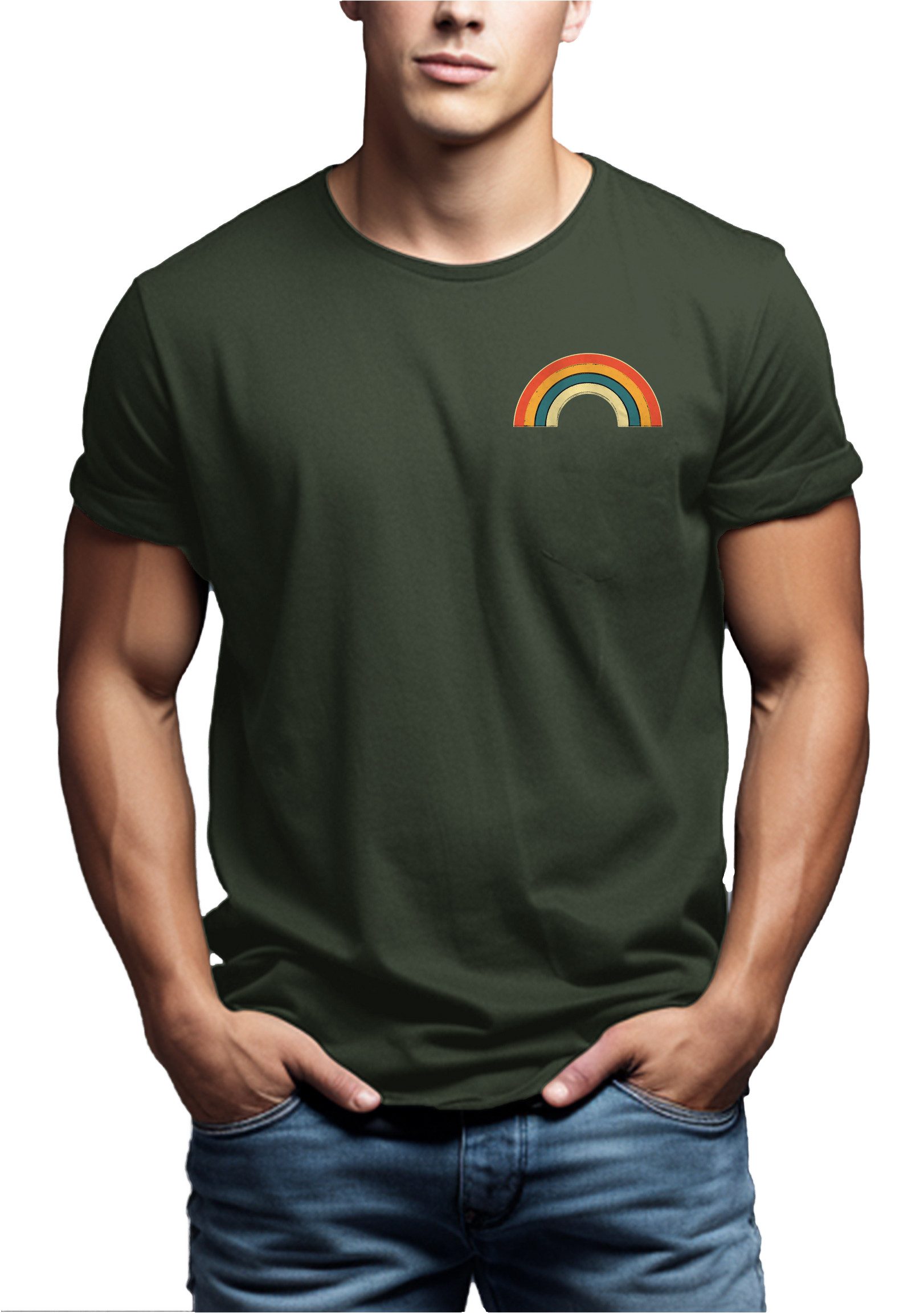 MAKAYA T-Shirt mit Regenbogen Streifen Vintage Regenbogenfarben Herren (Schwarz, Blau, Grau, Blaugrau, Weiß, Grün, Lila, S, M, L, XL, XXL, 3XL, 4XL, 5XL) Baumwolle
