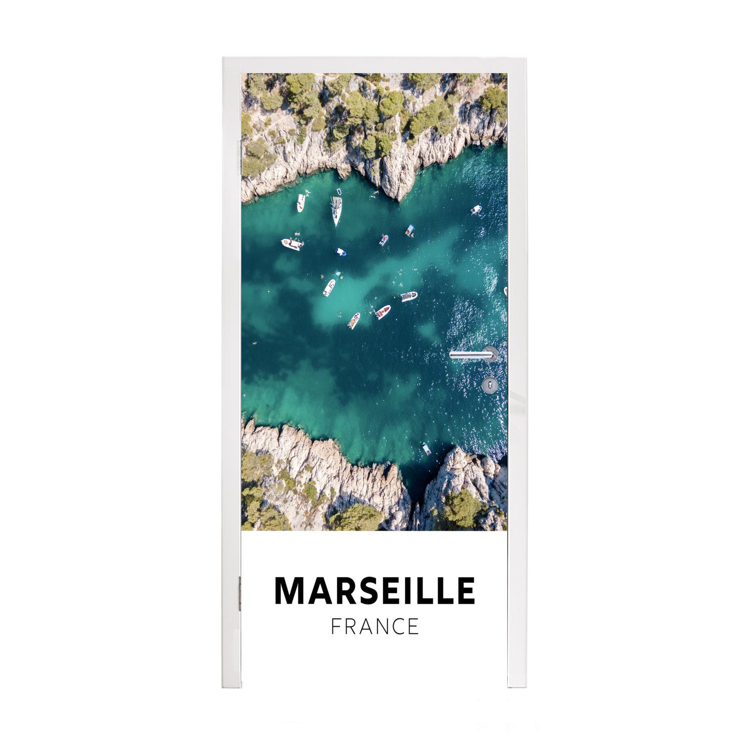 MuchoWow Türtapete Frankreich - Marseille - Wasser - Boot, Matt, bedruckt, (1 St), Fototapete für Tür, Türaufkleber, 75x205 cm