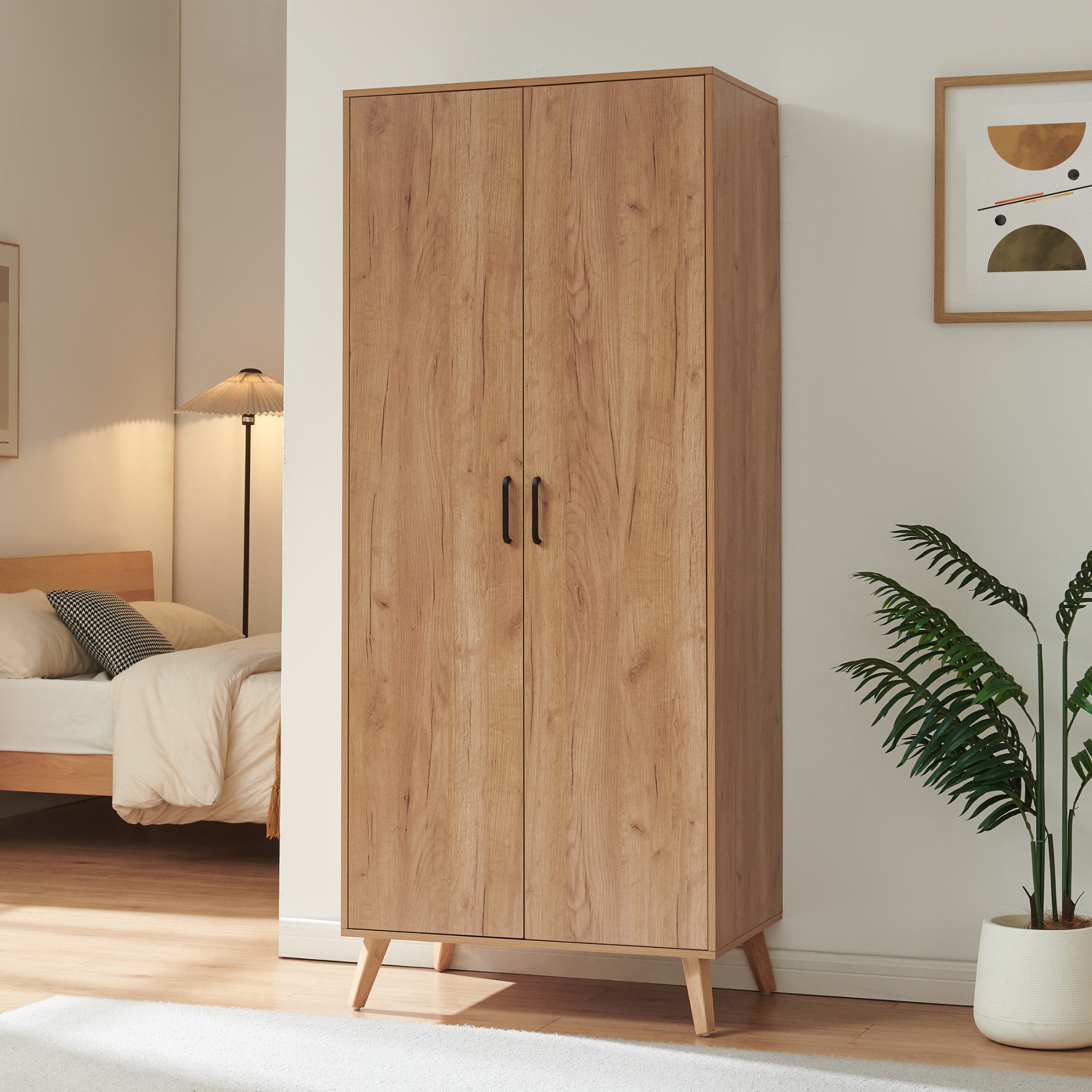 en.casa Kleiderschrank »Norg« 191 x 80 x 52 cm 2 Türen 1 Stange 1 Fach Eicheoptik