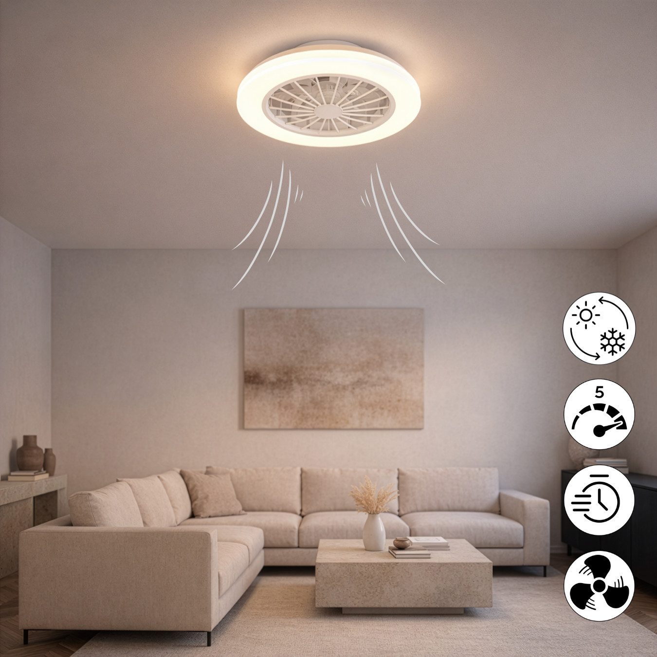 Hanseatic LED Deckenleuchte DLVO69222RS, Deckenventilator mit Licht Ø 38cm, inkl Fernbedienung, CCT - über Fernbedienung, Dimmfunktion, Fernbedienung, Infrarot inkl., Memoryfunktion, Nachtlichtfunktion, Timerfunktion, Ventilatorfunktion, getrennt schaltbar, mehrere Helligkeitsstufen, LED fest integriert, Farbwechsler, warmweiß - kaltweiß, Ventilator mit 5 Stufen, Vor- & Rücklauf, LED mit CCT Timer Nachtlicht