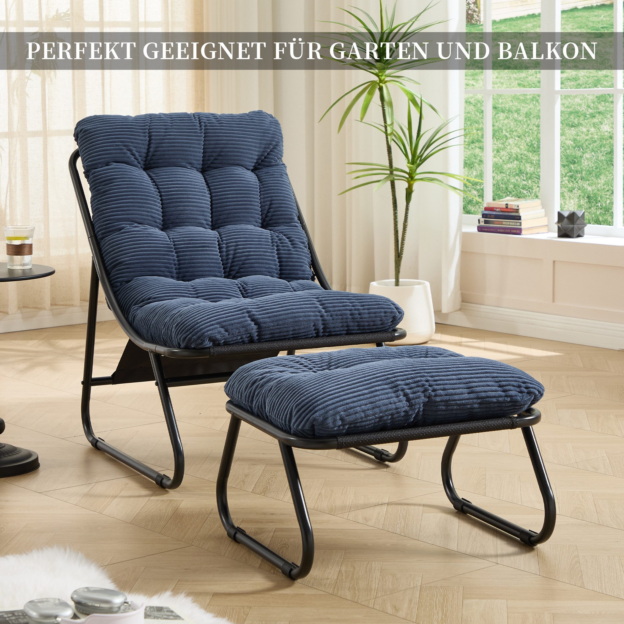 SeedWave Loungesessel mit Ottoman Liegestuhl Stahlgestell Gartenstuhl mit Trennbaren Pölster (bestehend aus Sessel und Hocker), Outdoor Terrassenstuhl für Garten usw. Außenbereich