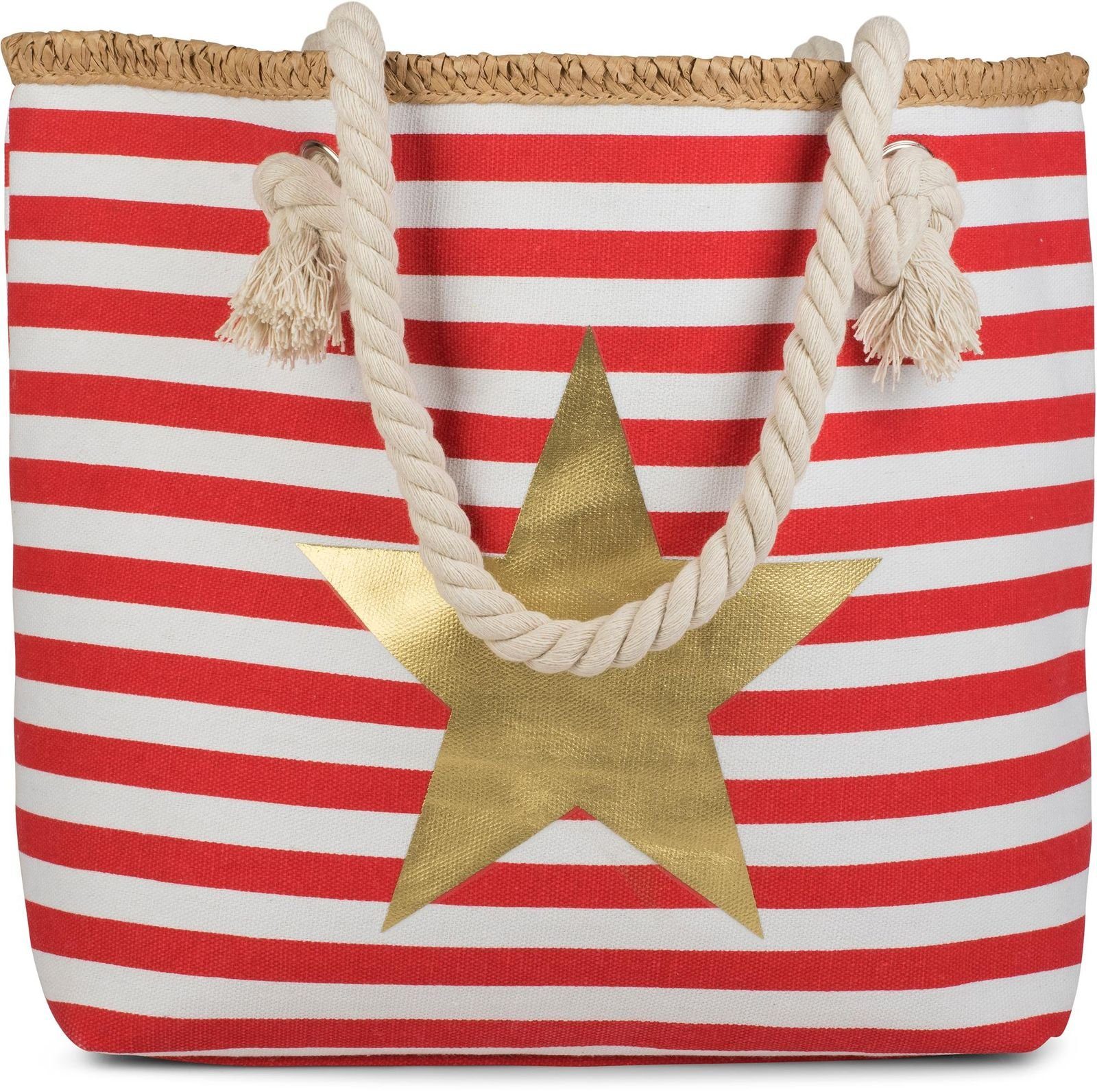 styleBREAKER Strandtasche (1-tlg), und Stern mit Rot-Weiß breiten / Strandtasche Streifen Gold