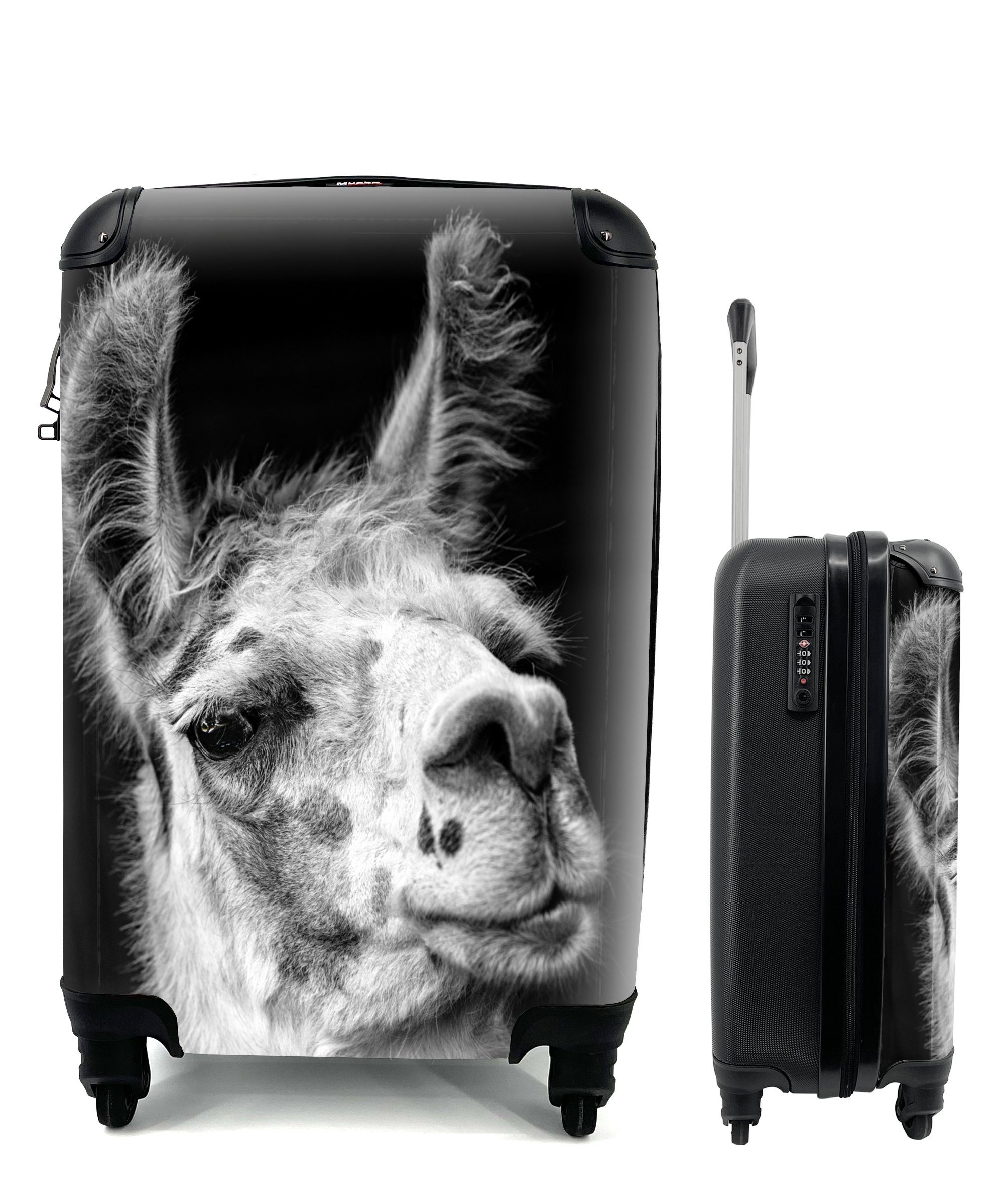 MuchoWow Handgepäckkoffer Alpaka auf schwarzem Hintergrund, 4 Rollen, Reisetasche mit rollen, Handgepäck für Ferien, Trolley, Reisekoffer