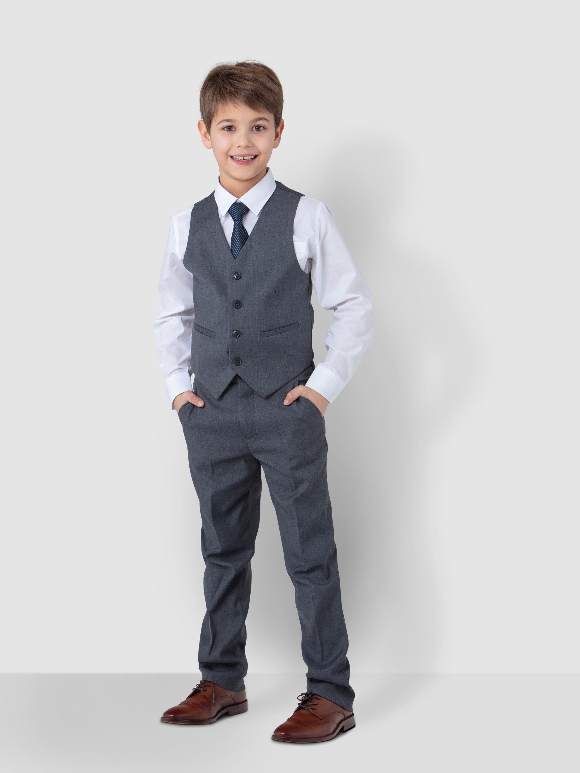 und in Krawatte Einstecktuch) elegant Jungen Weste, 6-teilig, Hemd, Hose, Anzug Grau Kommunionanzug (Sakko, festlich, Melli-Trends Luxuriöser Kinderanzug