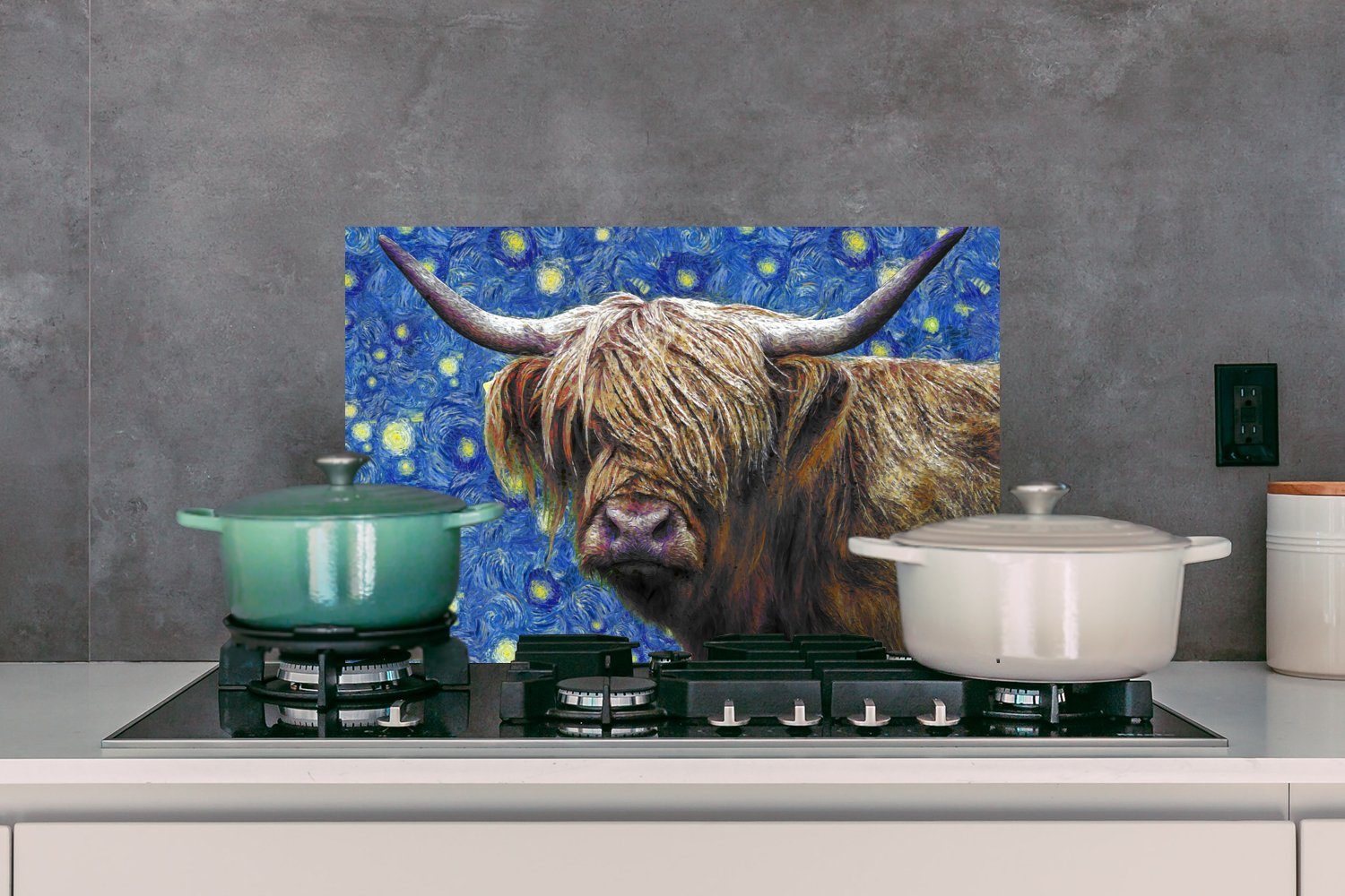 cm, Schottischer - Küchenrückwand Highlander, Gogh Wandschutz, 60x40 Sternennacht aus Temperaturbeständig (1-tlg), Herdblende Van - küchen MuchoWow