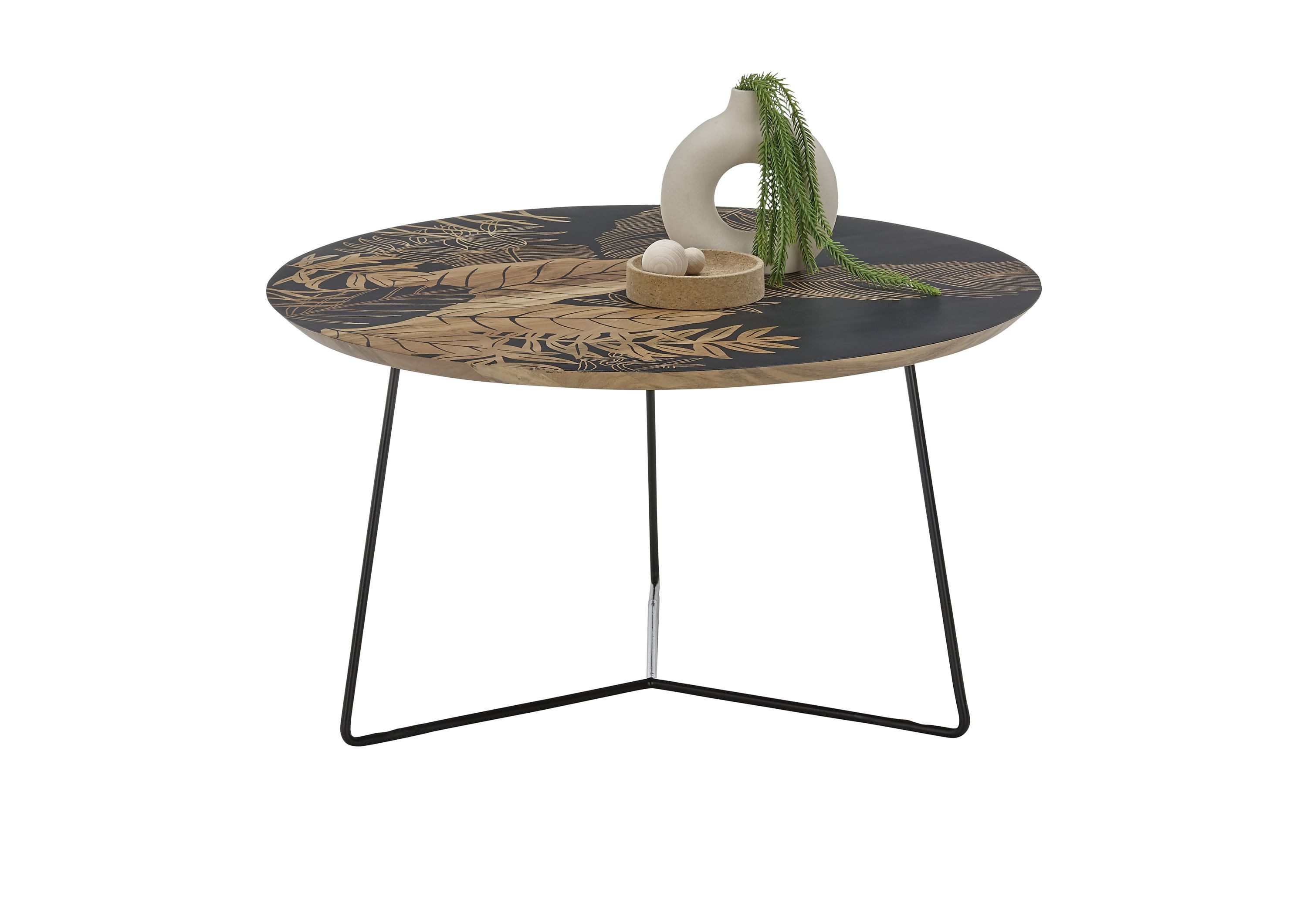 Robas Lund Couchtisch, rund aus Mangoholz m. schwarzem Druck 85 x 45 x 85 cm