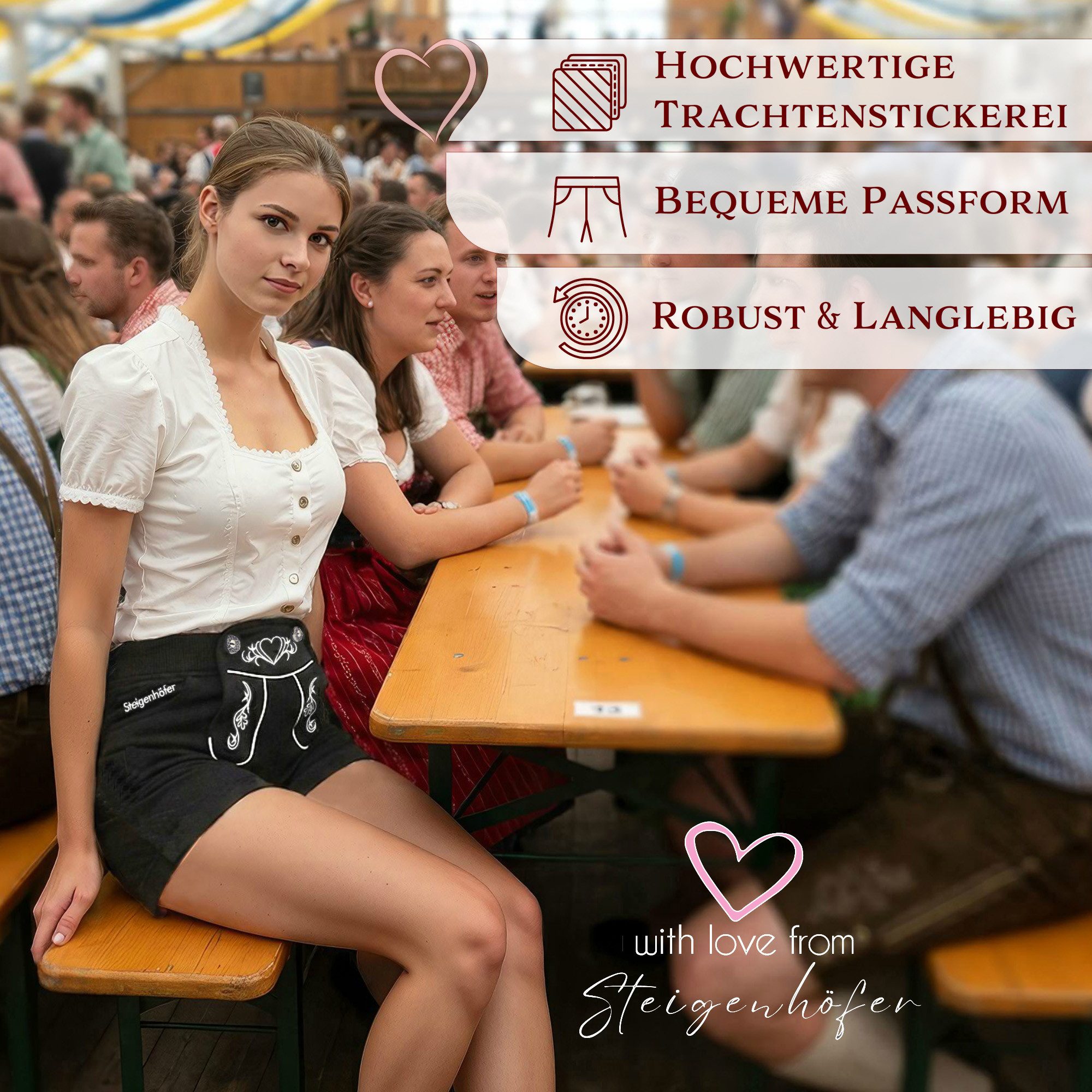 Steigenhöfer Manufaktur Lederhose Damen Lookalike - Kurze Jogginghose mit Kordelzug im Lederhosen Look Hotpants Jogging Damen Shorts Tracht - Oktoberfest Damen Outfit