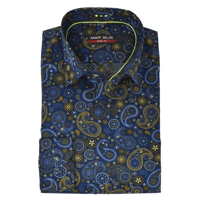 MARVELIS Langarmhemd Businesshemd - Body Fit - Orient Muster - Dunkelblau