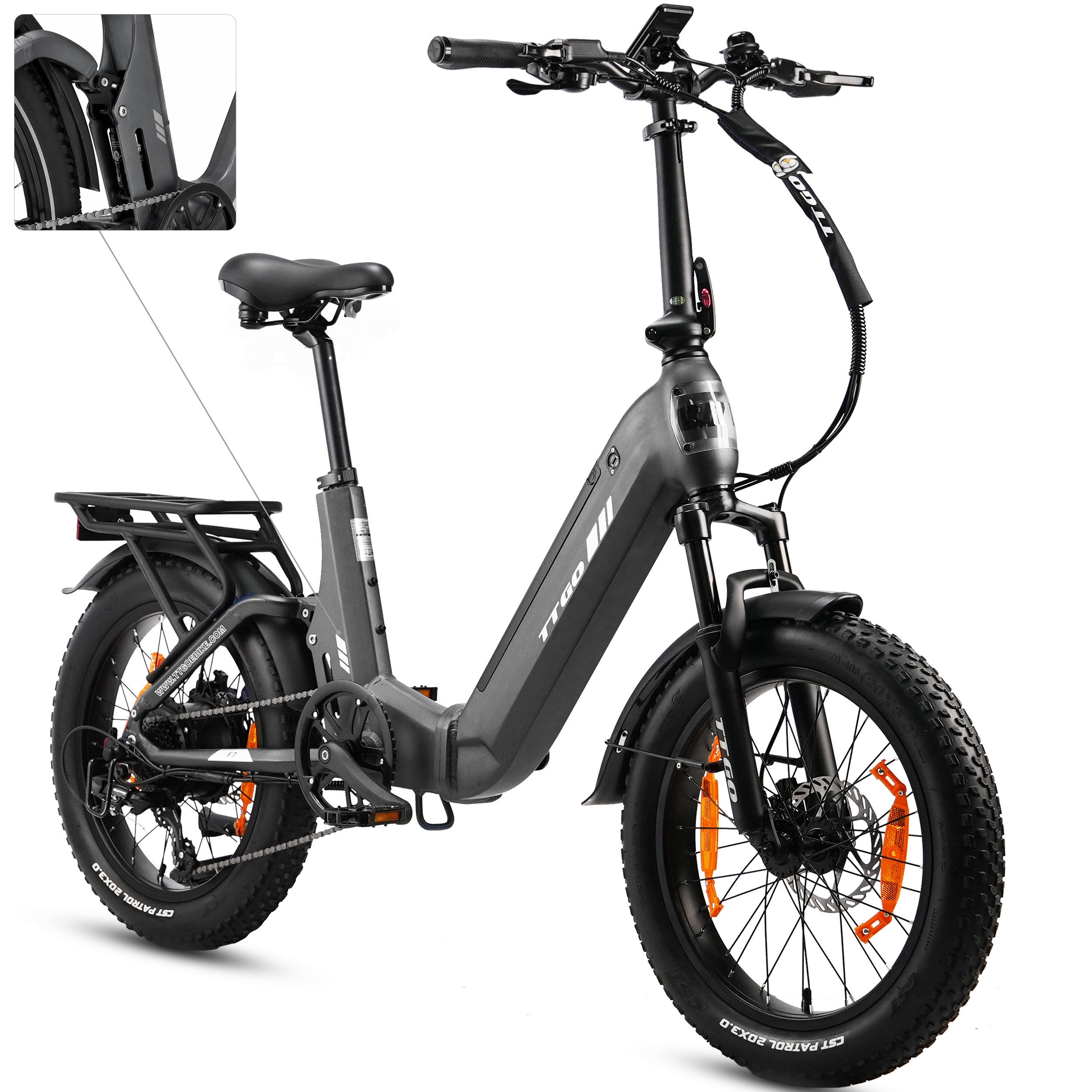 TTGO E-Bike Klapprad 20 Zoll, Fully, Vollfederung, 70Nm, 3,0'' Fatbike, Lockout-Federgabel, 7 Gang SHIMANO, Kettenschaltung, Heckmotor, 720 Wh, (Softtail, hydr. Scheibenbremse, mit Bremslicht), 120km, Drehmomentsensor, max.150kg, Elektrofahrrad für Damen Herren
