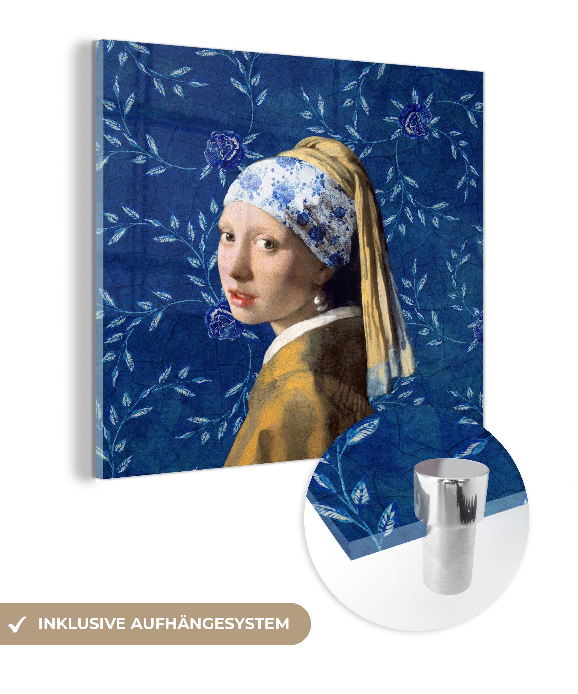 (1 St), MuchoWow Blumen bunt Bilder - auf Blau - - Glasbilder auf - - Foto - mit Acrylglasbild Wandbild Mädchen Vermeer Perlenohrring Glas Delfter Gemälde, Wanddekoration Glas -