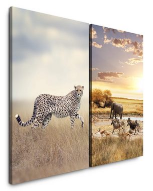 Sinus Art Leinwandbild 2 Bilder je 60x90cm Gepard Afrika Elefant Zebras Tiere Safari Wildnis