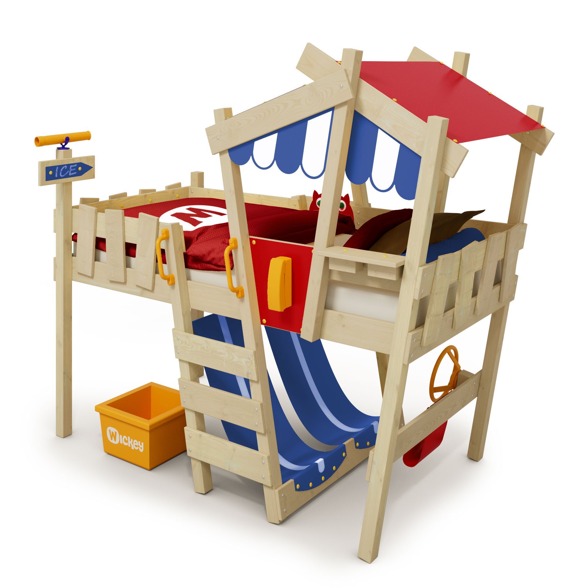 Wickey Kinderbett Crazy Hutty - Spielbett 90 x 200 cm, Etagenbett (Holzpaket aus Pfosten und Brettern, Spielbett für Kinder), massivholzbett Blau / Rot