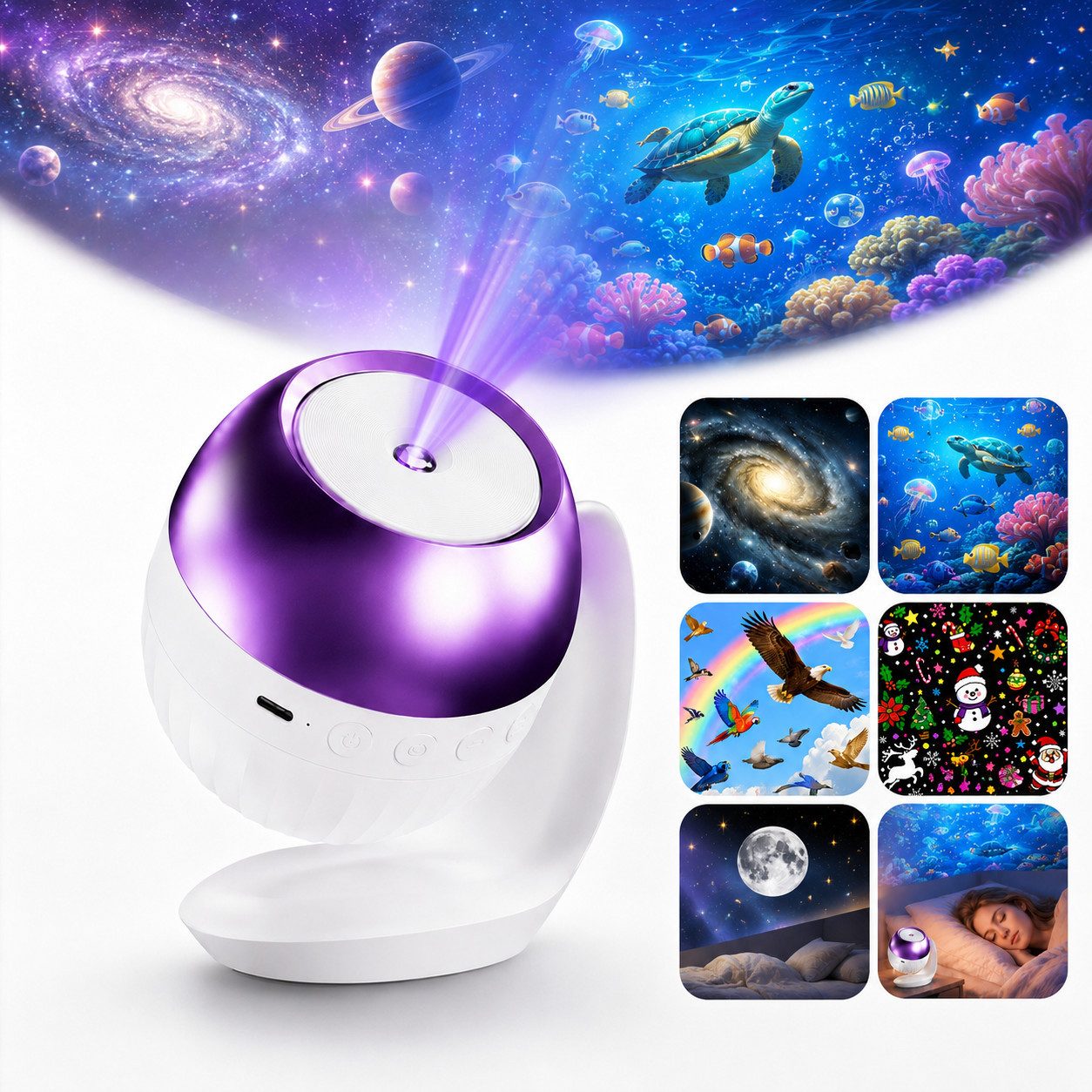 OYLCDI Projektionslampe Sternenhimmel Projektor Nachtlicht, 24 Projektionsmotive, 4 Themen, 7 beruhigende Klänge, 60/90 Min. Timer, USB-C, für Kinderzimmer