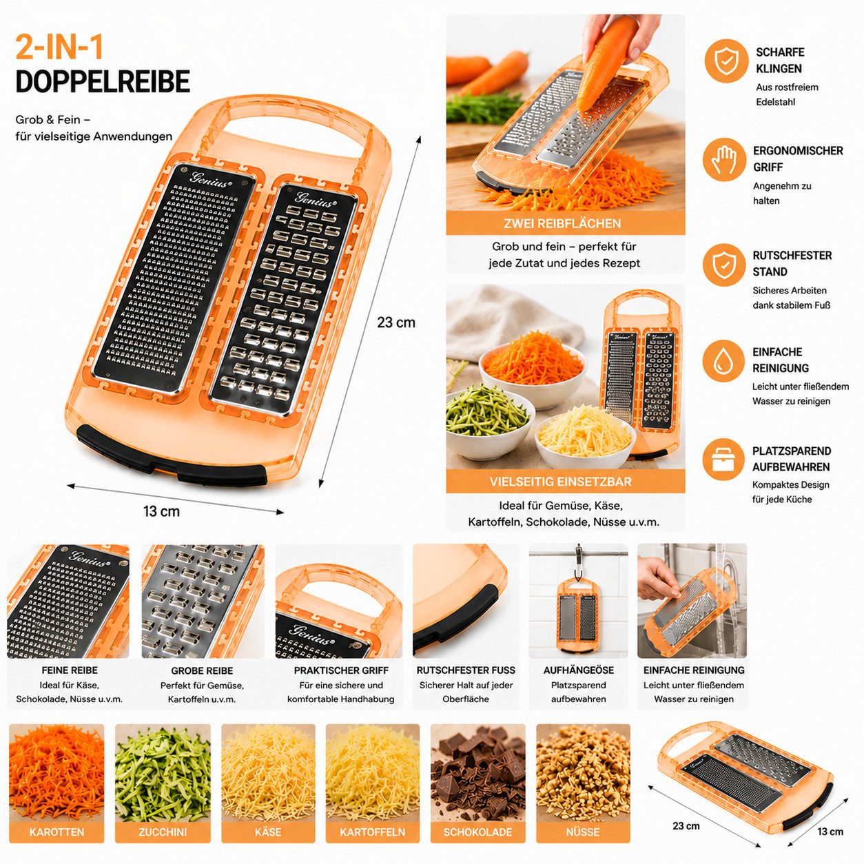 Genius Gemüsehobel Genius Doppelreibe Feinreibe und Zweiwege-Reibe Edelstahl für Käse, Edelstahl / Kunststoff