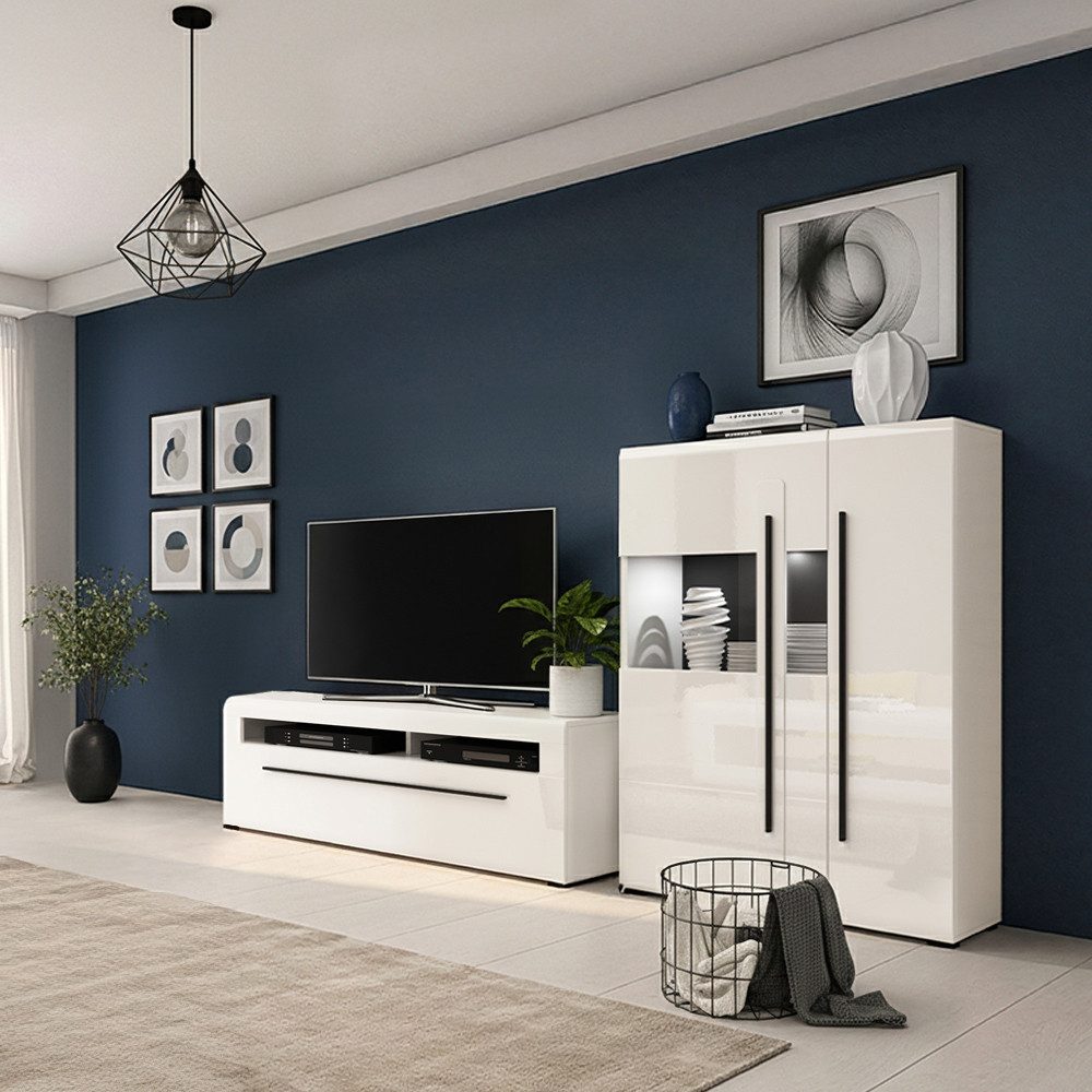Lomadox Wohnwand TURDA-83, (2-St., Couchtisch Highboard Lowboard Sideboard Vitrine Wandregal), weiß Hochglanz Metallgriffe schwarz modern LED Beleuchtung