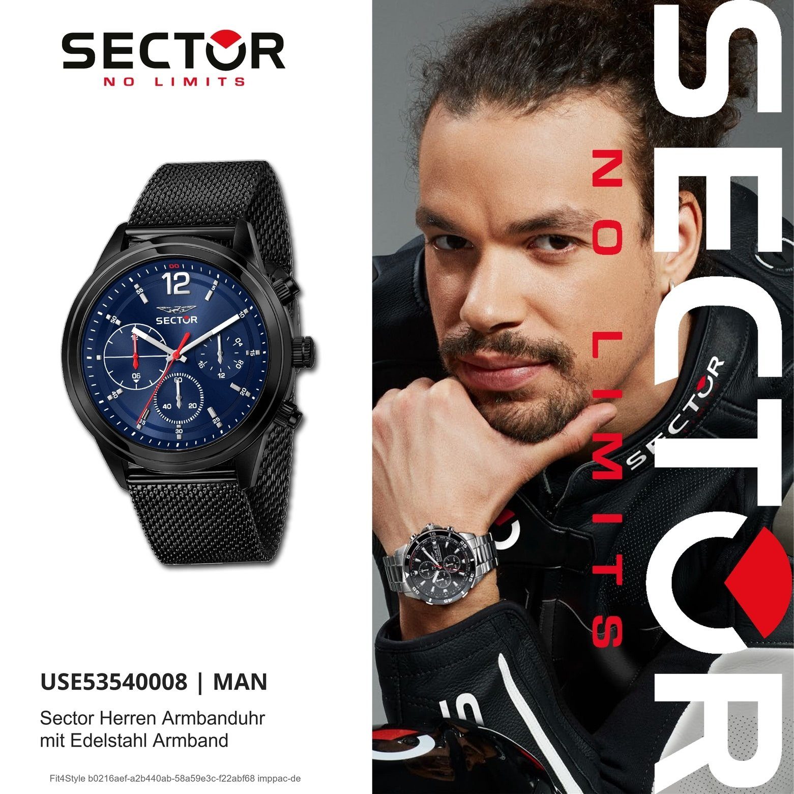 Herren Sector Edelstahlarmband Multifunktionsuhr rund, groß schwarz Armbanduhr (ca. 45,5x39mm), Sector Armbanduhr Multifunkt, Herren