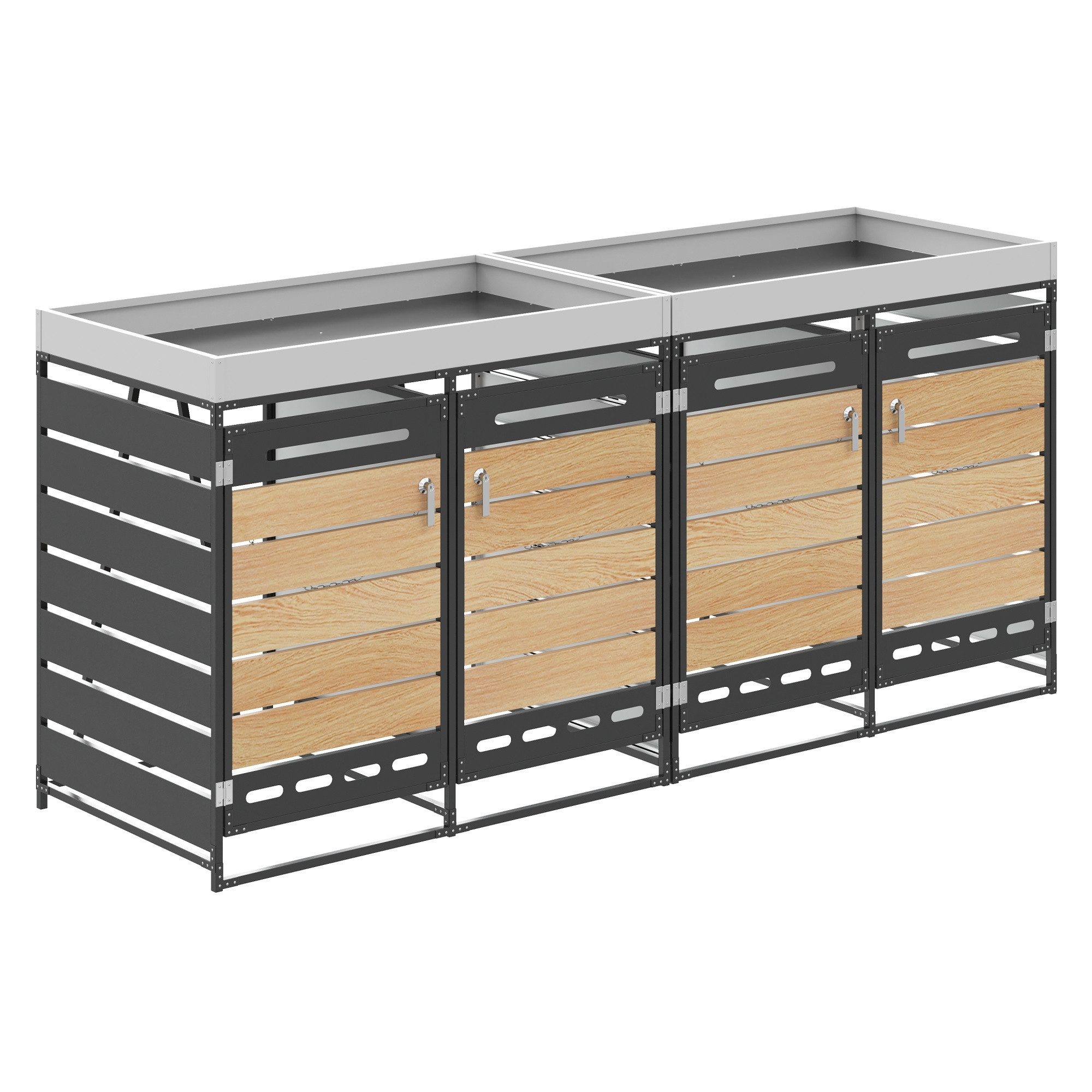 Refined Living Mülltonnenbox Mülltonnenbox Metall mit Pflanzkasten 2/4 Fächer abschließbar (131/262x79x120cm, Schwarz, Eisen, Outdoor Mülltonnenbox ohne integrierte Inneneimer (keine Mülltonnen enthalten), mit Pflanzkasten oben, vertikale/horizontale Holzoptik-Leisten, Belüftungsschlitze gegen Gerüche, 2/4 Fächer Mülltrennung, 2 St., abschließbare Türen mit Schloss, wetterfest & rostgeschützt), für Garten, Terrasse, Hof, Wohnanlage und öffentliche Außenbereiche