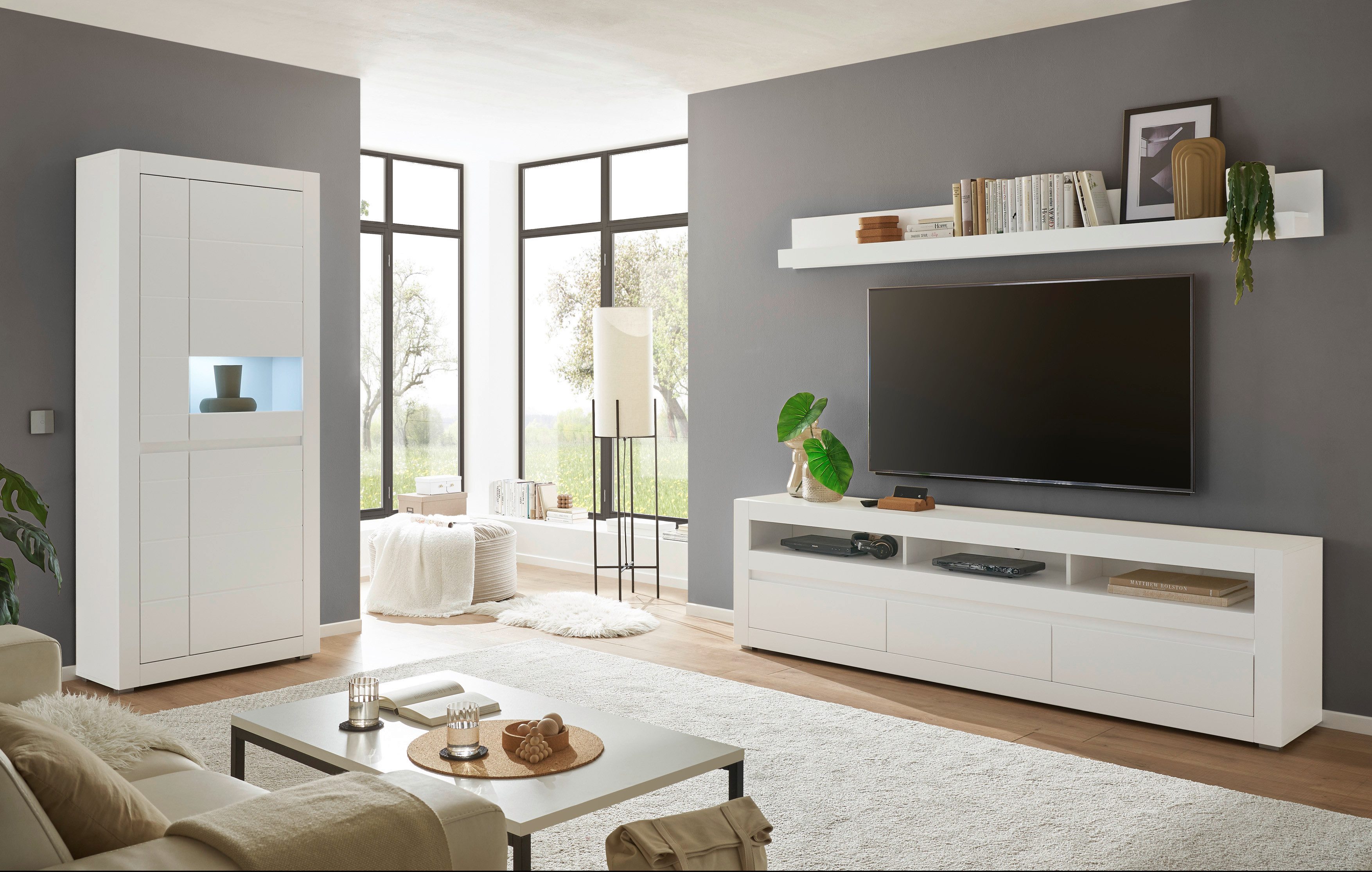 Home affaire Wohnwand Anbauwand in Weiß Matt, Wohnzimmer-Set mit austauschbarer Blende, (Set, 3-St), enthält Vitrine, Lowboard, Wandboard, zeitloses Design, 312 cm breit