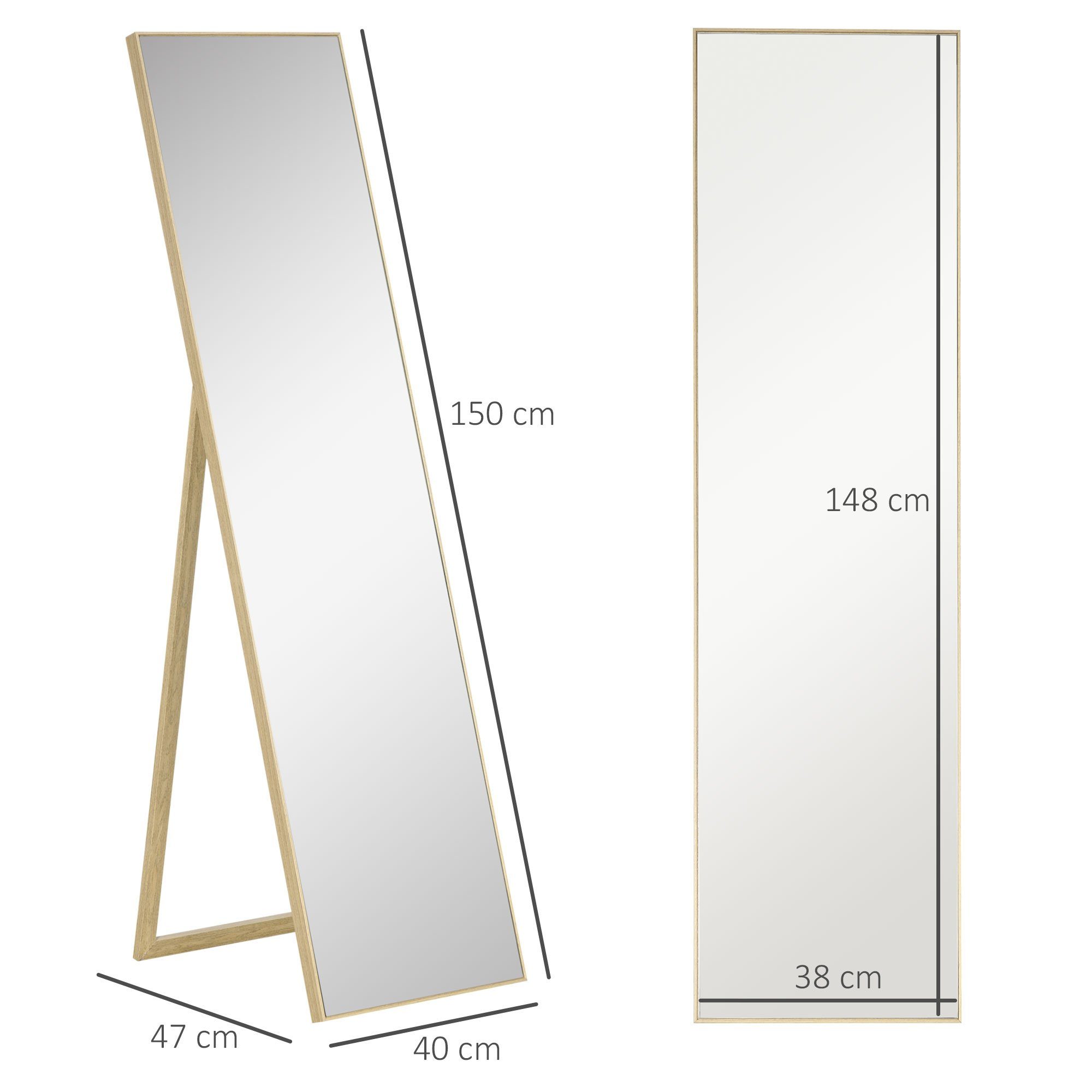 HOMCOM Standspiegel mit Ständer, x (Set, 150 40 freistehend, Ganzkörperspiegel 1 Ankleidespiegel), gerahmter 1-St., Natur cm